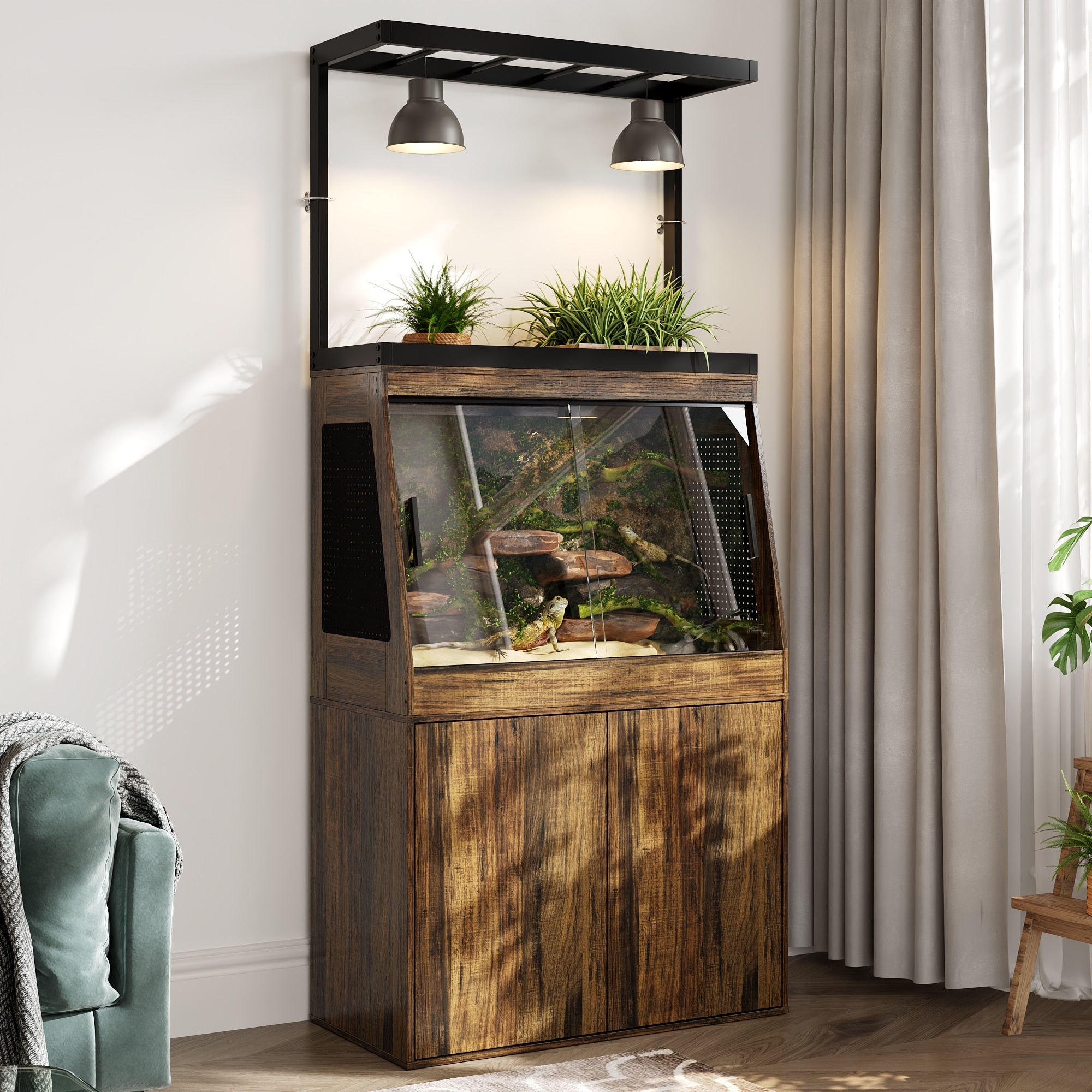 Multi Functional Reptile Terrarium Cabinet With Sliding Glass Doors Plant Shelf Storage Base Vivarium Stand With Lighting Bar
