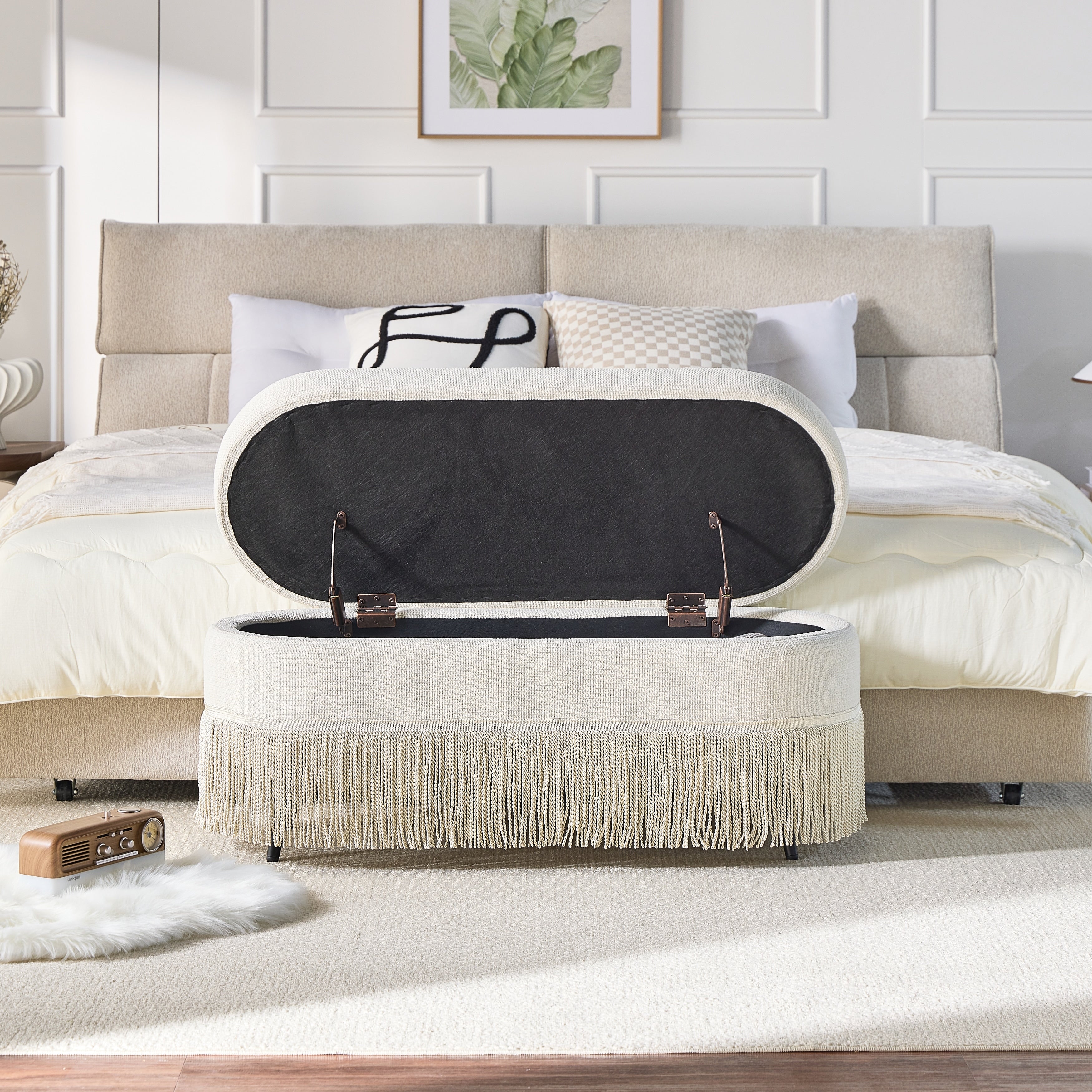 Multi Functional Storage Ottoman With Fringe Trim And Hidden Storage Compartment