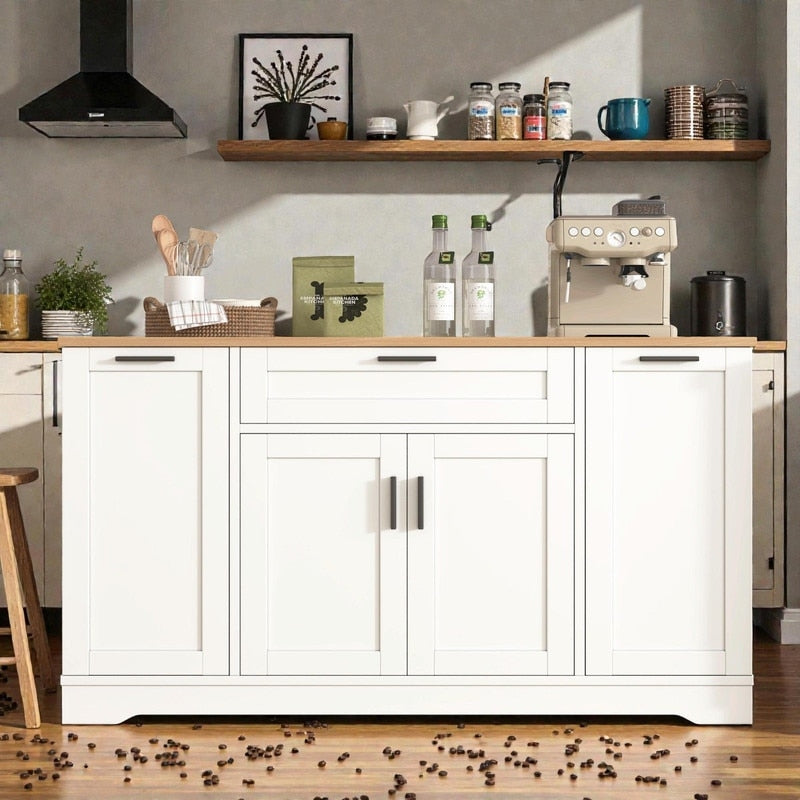 Multi Functional Storage Sideboard Extendable Dining Table With Adjustable Shelves 3 Tier Pull Out Rack