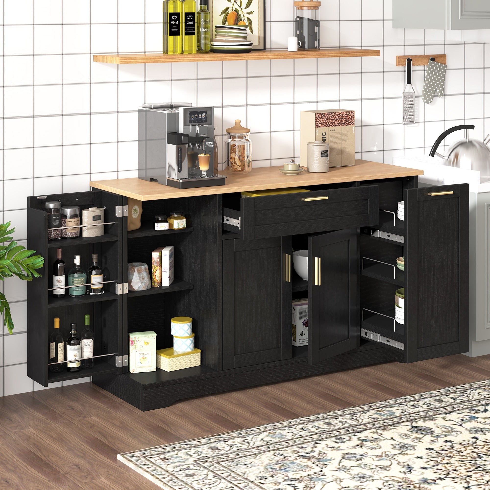 Multi Functional Storage Sideboard Extendable Dining Table Adjustable Shelves 3 Tier Pull Out Rack Kitchen Island Storage