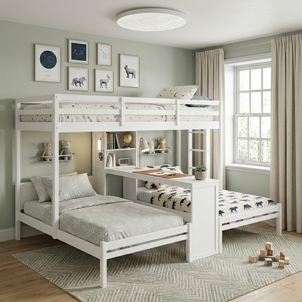 Multi Functional Twin Over Twin And Twin Bunk Bed With Reading Lamp