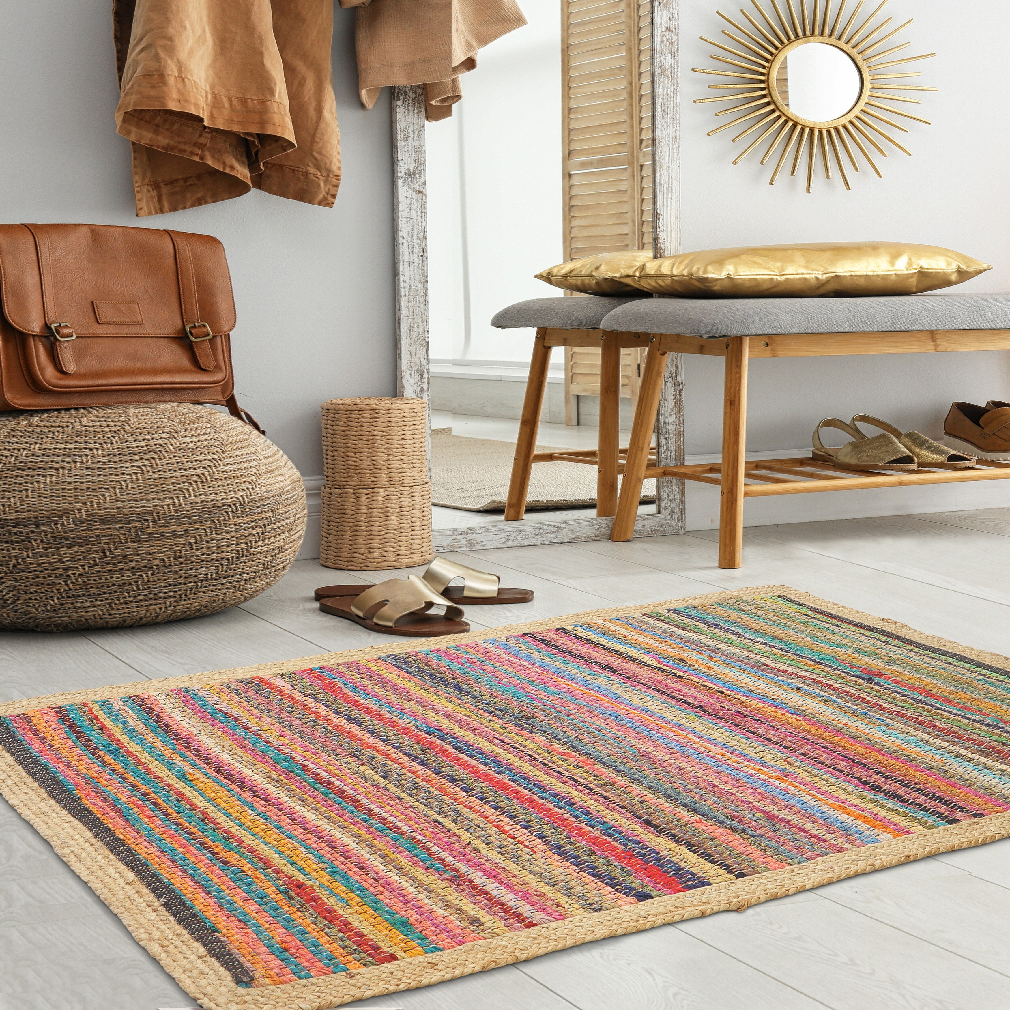 Multicolored Geometric Jute Bordered Accent Rug