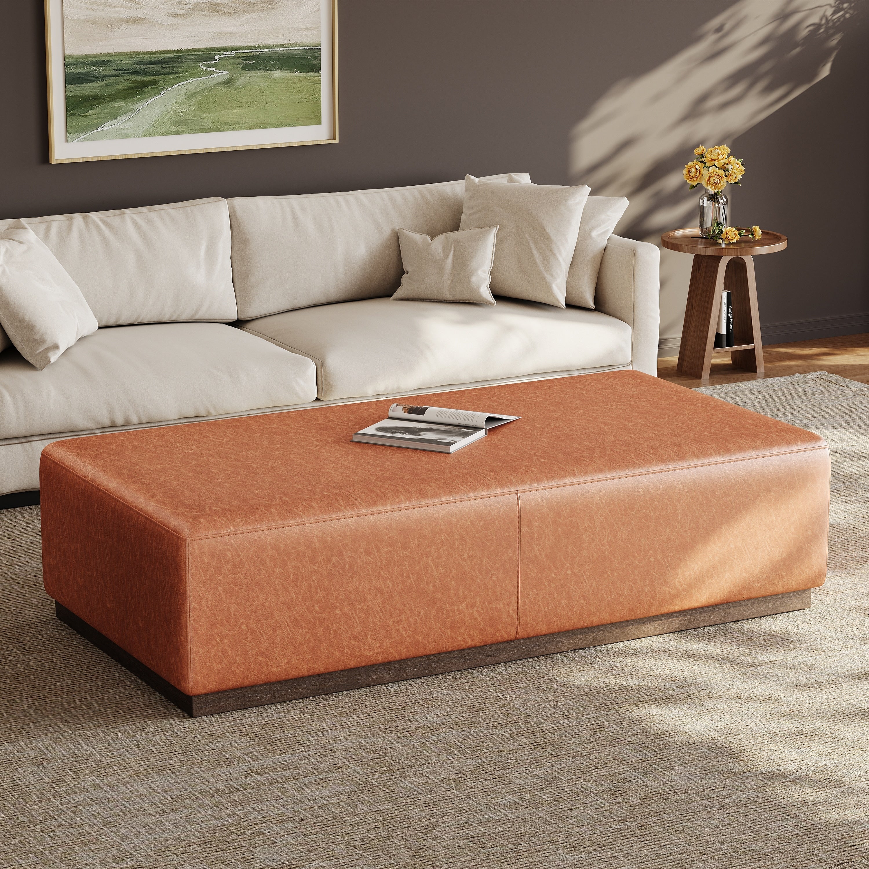 Multifunctional Brown Pu Leather Rubber Solid Wood Leg Ottoman