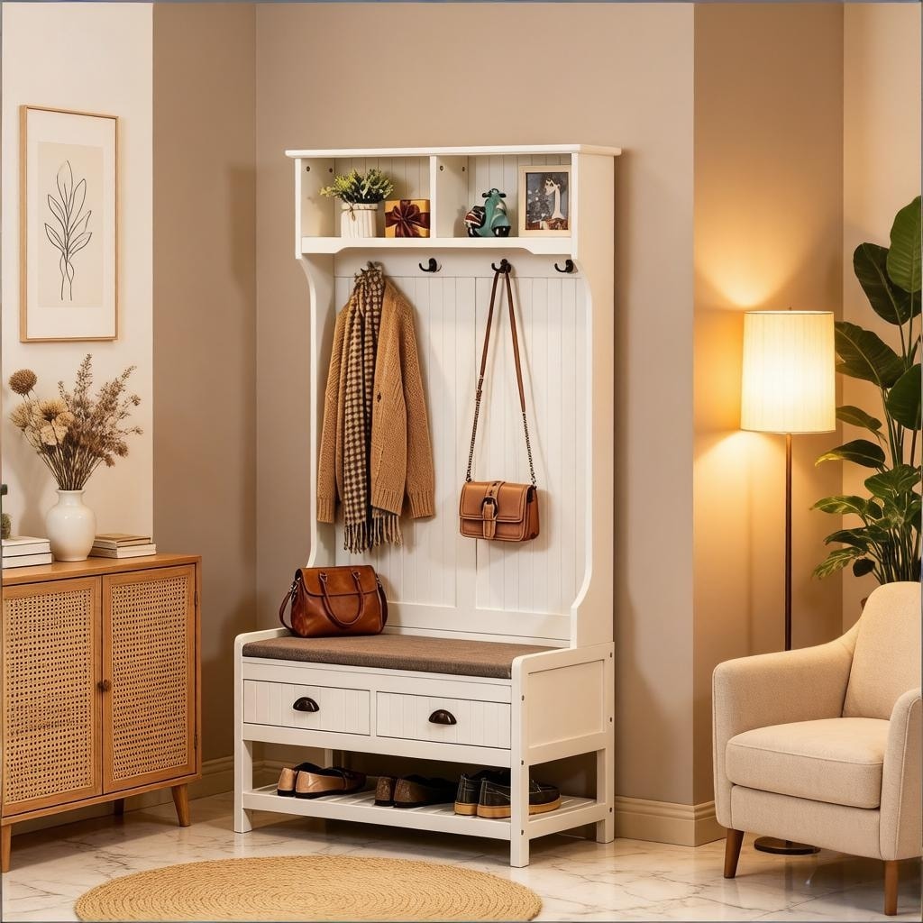 Multifunctional Entryway Hall Tree With Bench Shelves And Drawers