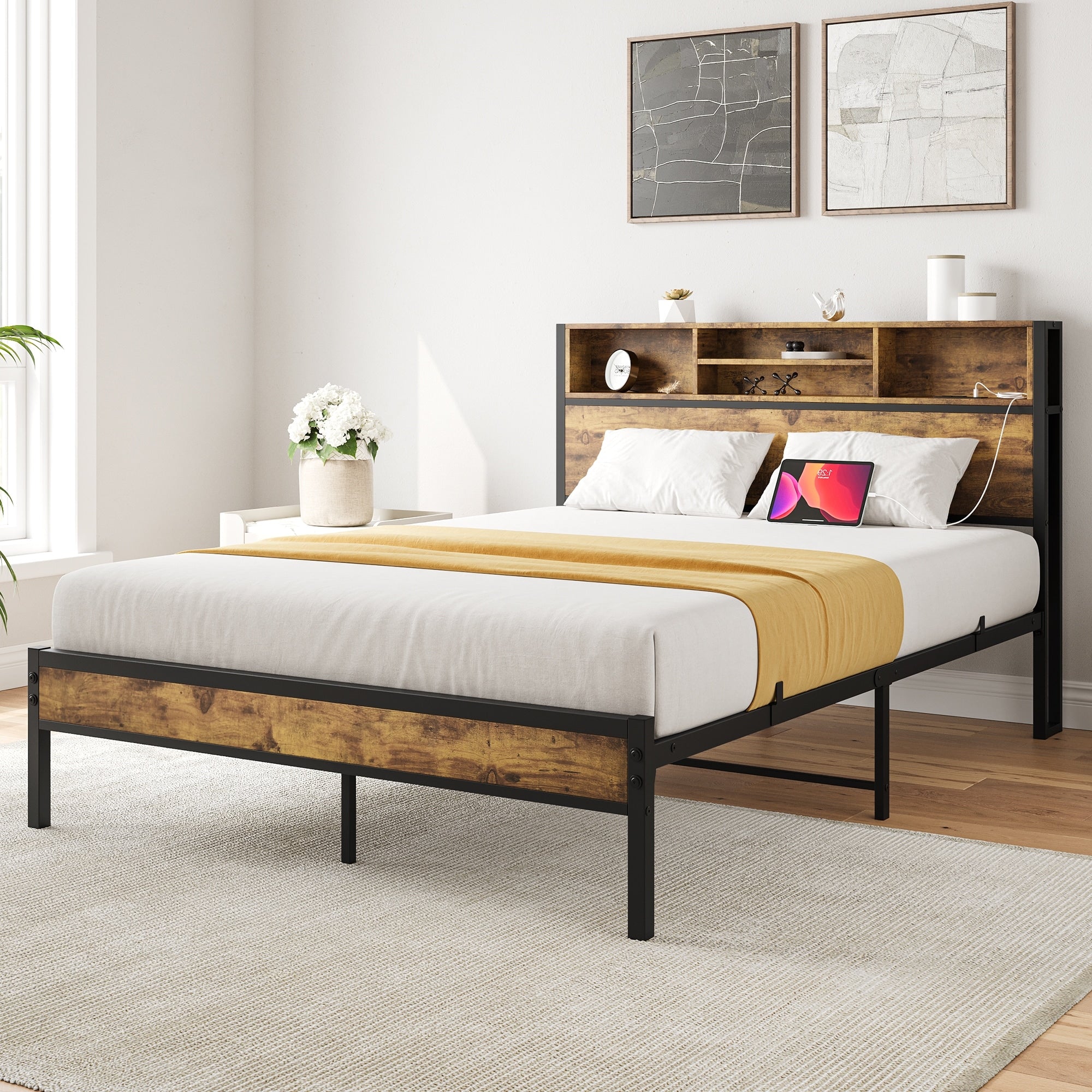 Multifunctional Full Metal Bed With Storage Headboard Charger
