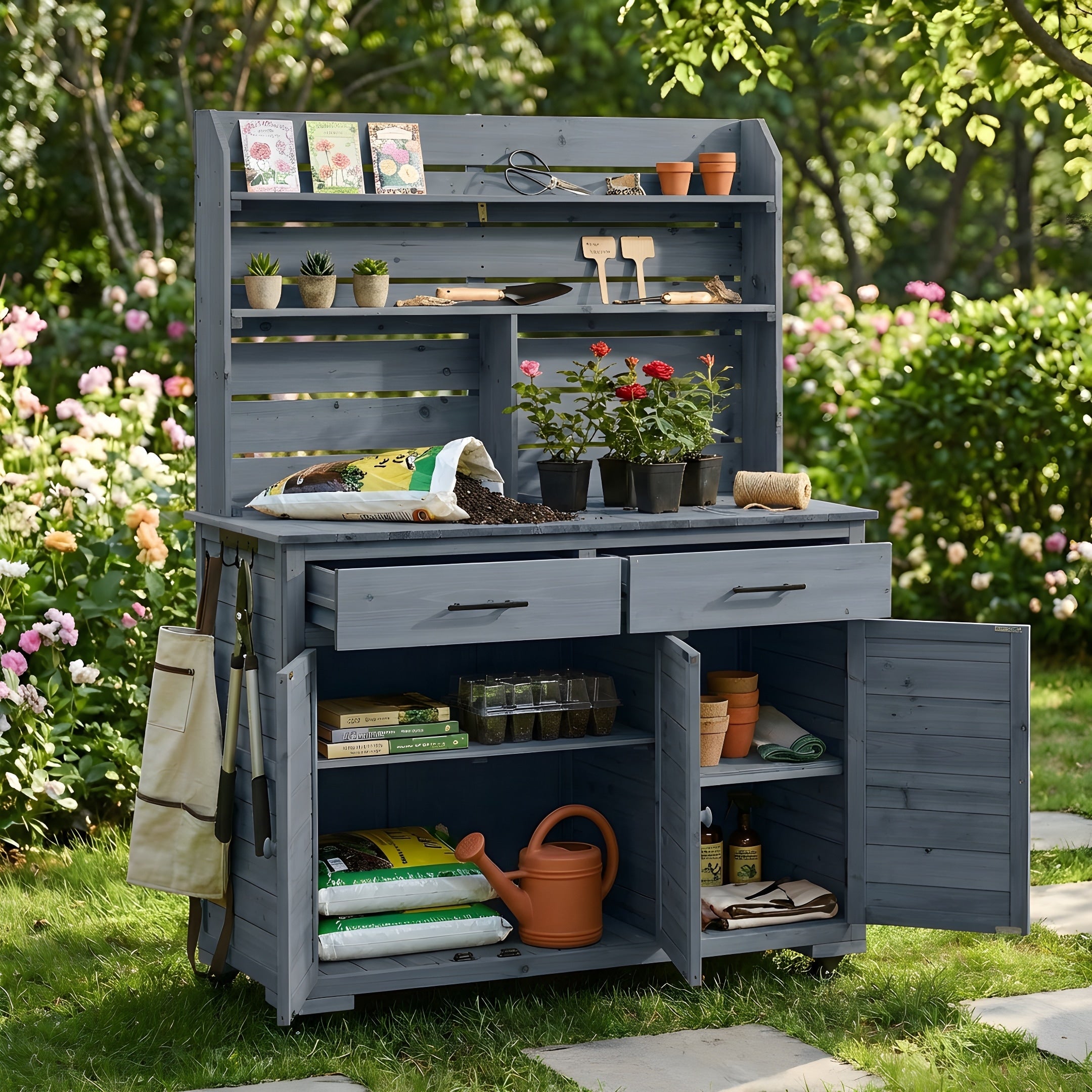 Multifunctional Outdoor Kitchen Island Potting Bench With Lockable Wheels
