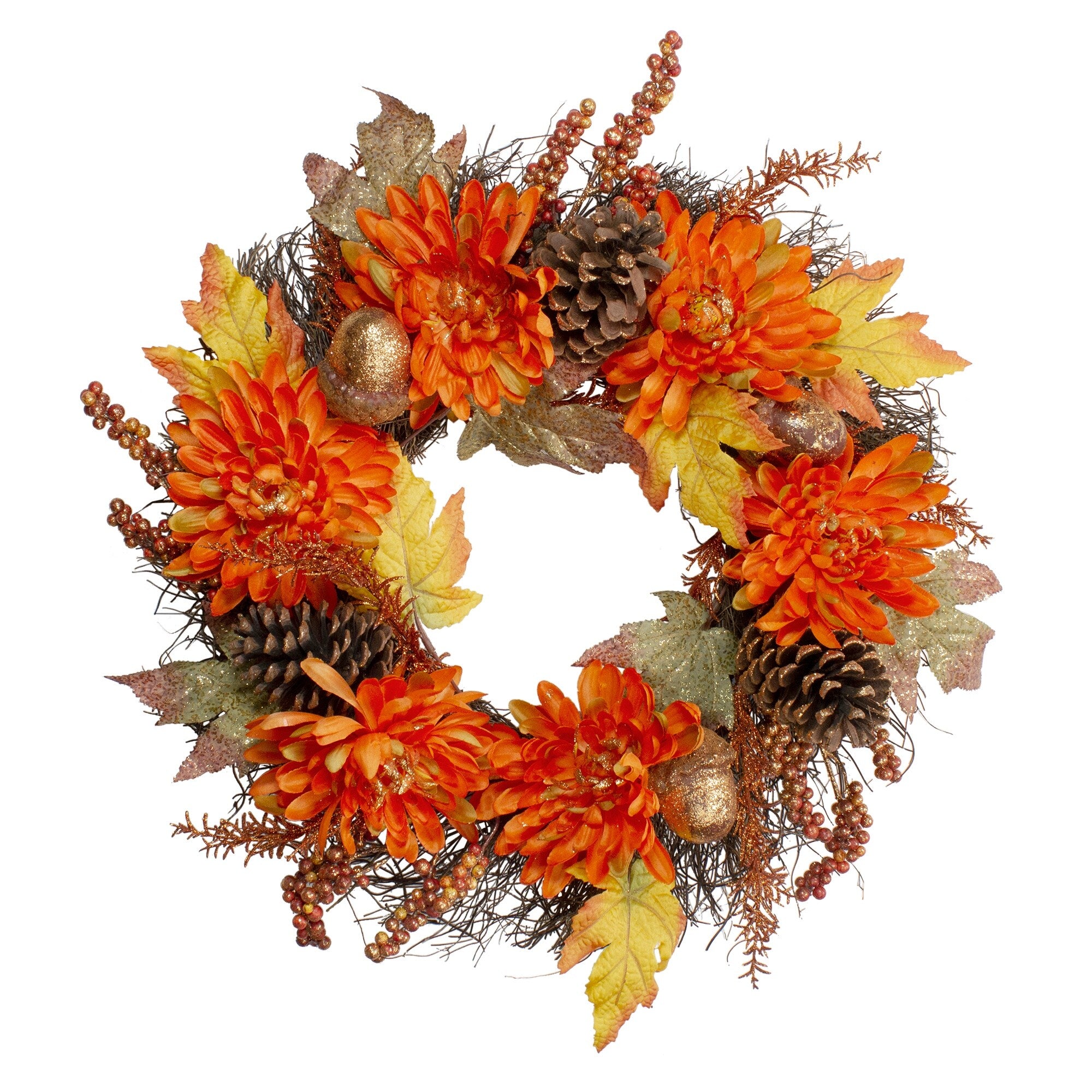 Orange Cactus Mums With Brown Acorns Autumn Spiral Vine Wreath 22 Unlit N A