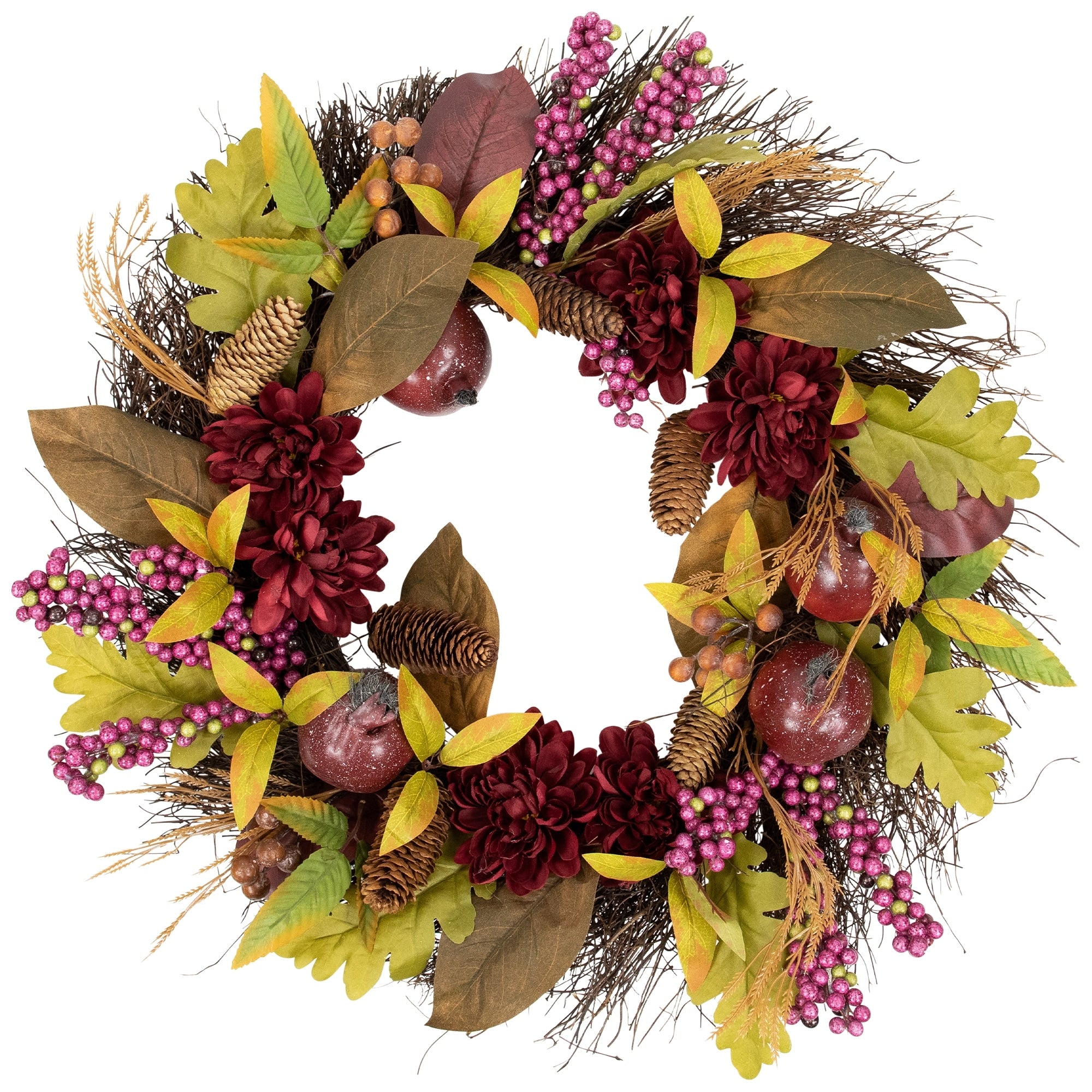 Burgundy Mums And Pomegranate Spiral Vine Wreath 28 Unlit N A