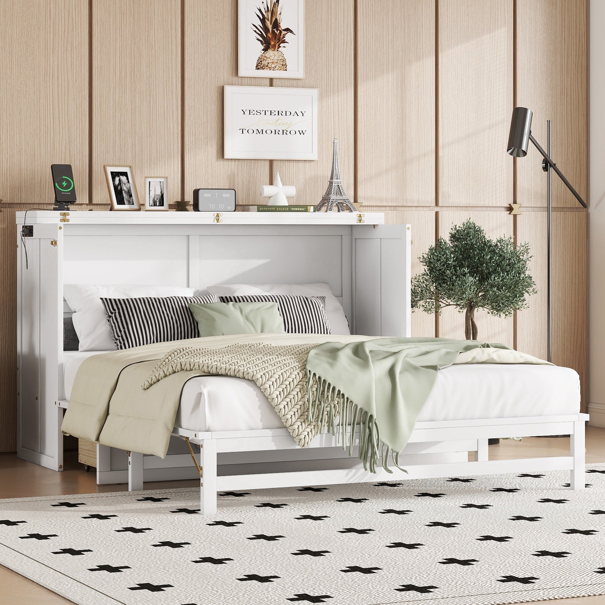 Murphy Bed Cabinet Queen With Storage Drawer And Charging Station Usb Port Solid Pine Murphy Bedframe For Home Office