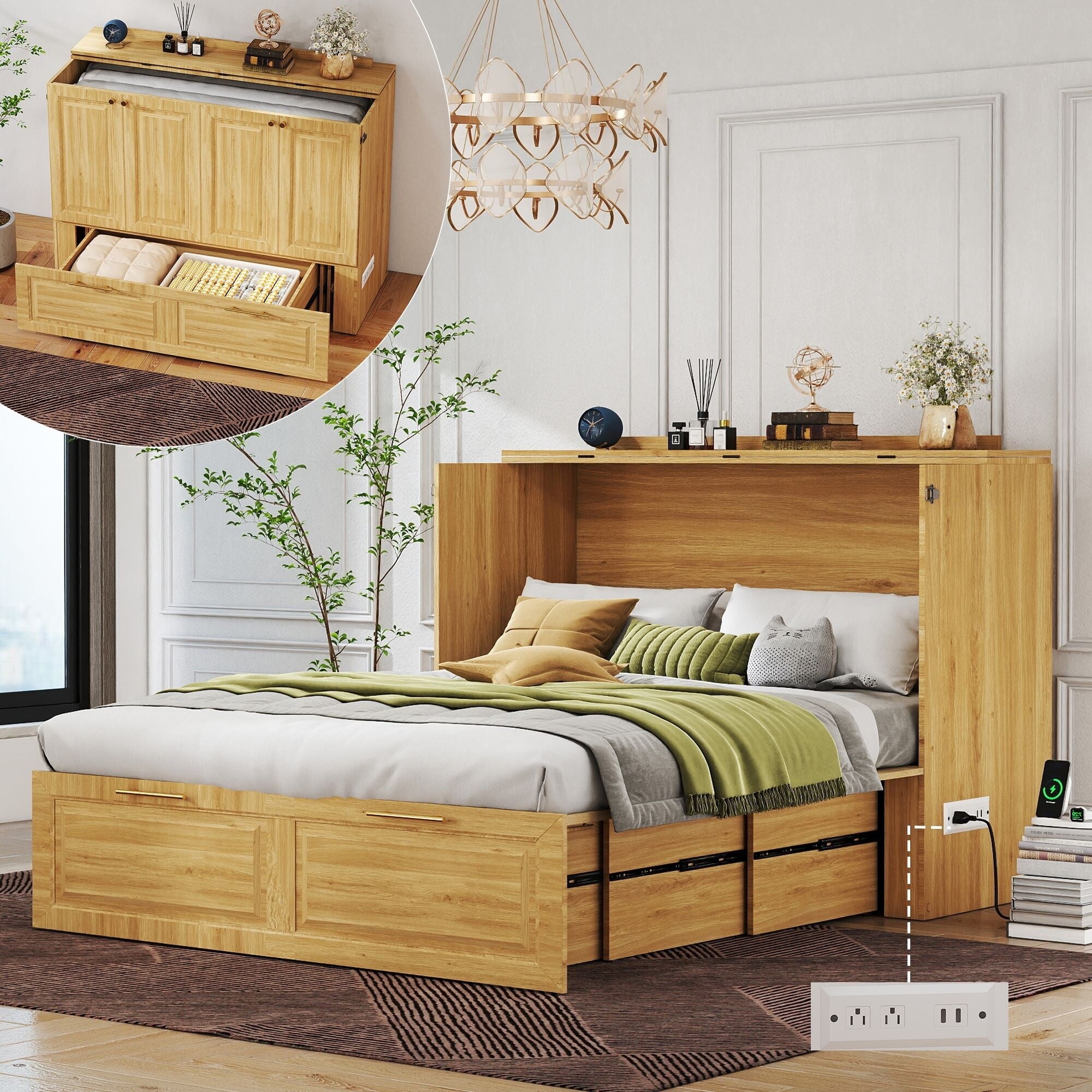 Murphy Bed Cabinet With Charging Port And Storage Drawer White