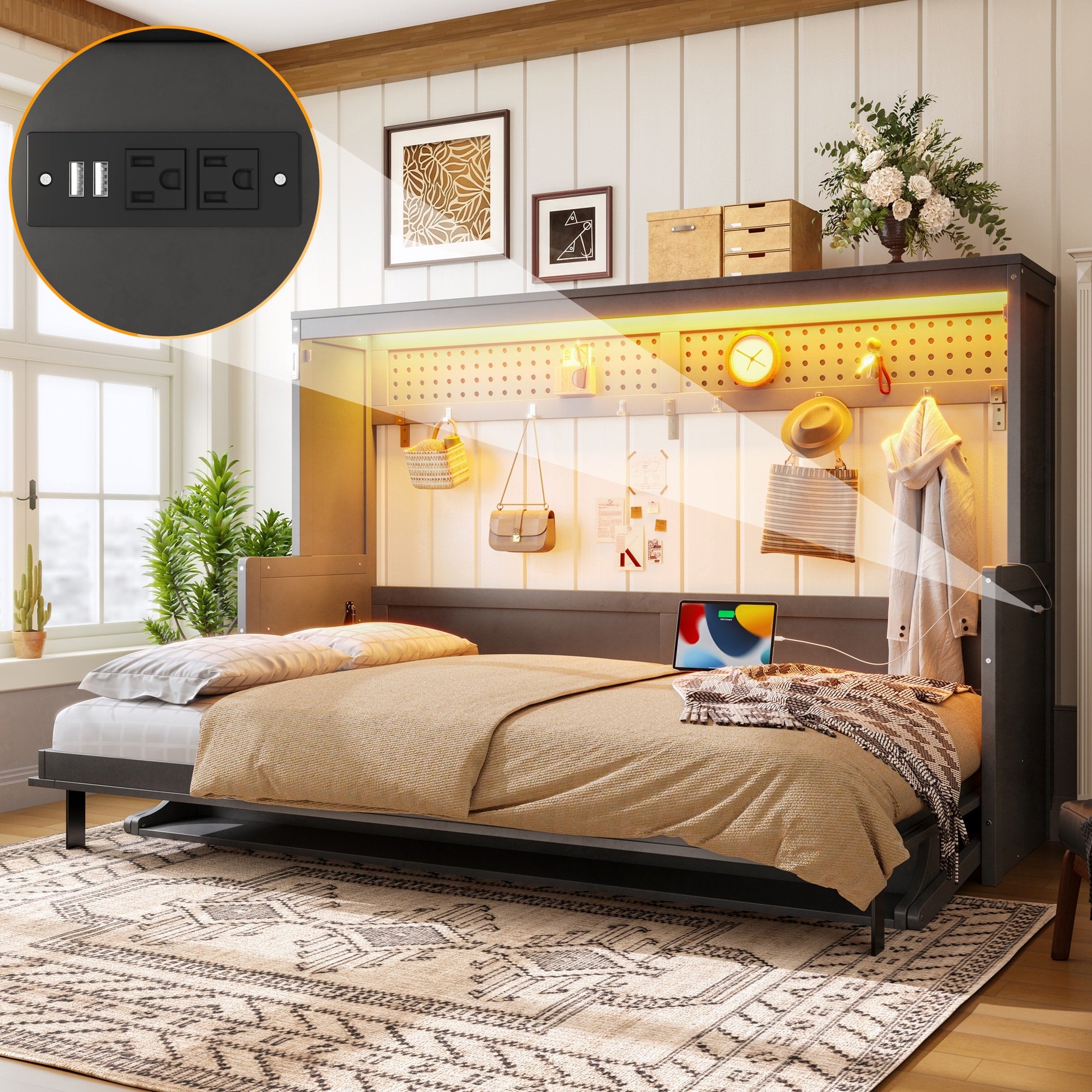 Murphy Bed With Built In Desk Usb Charging Station Space Saving Fold Down Wall Bed