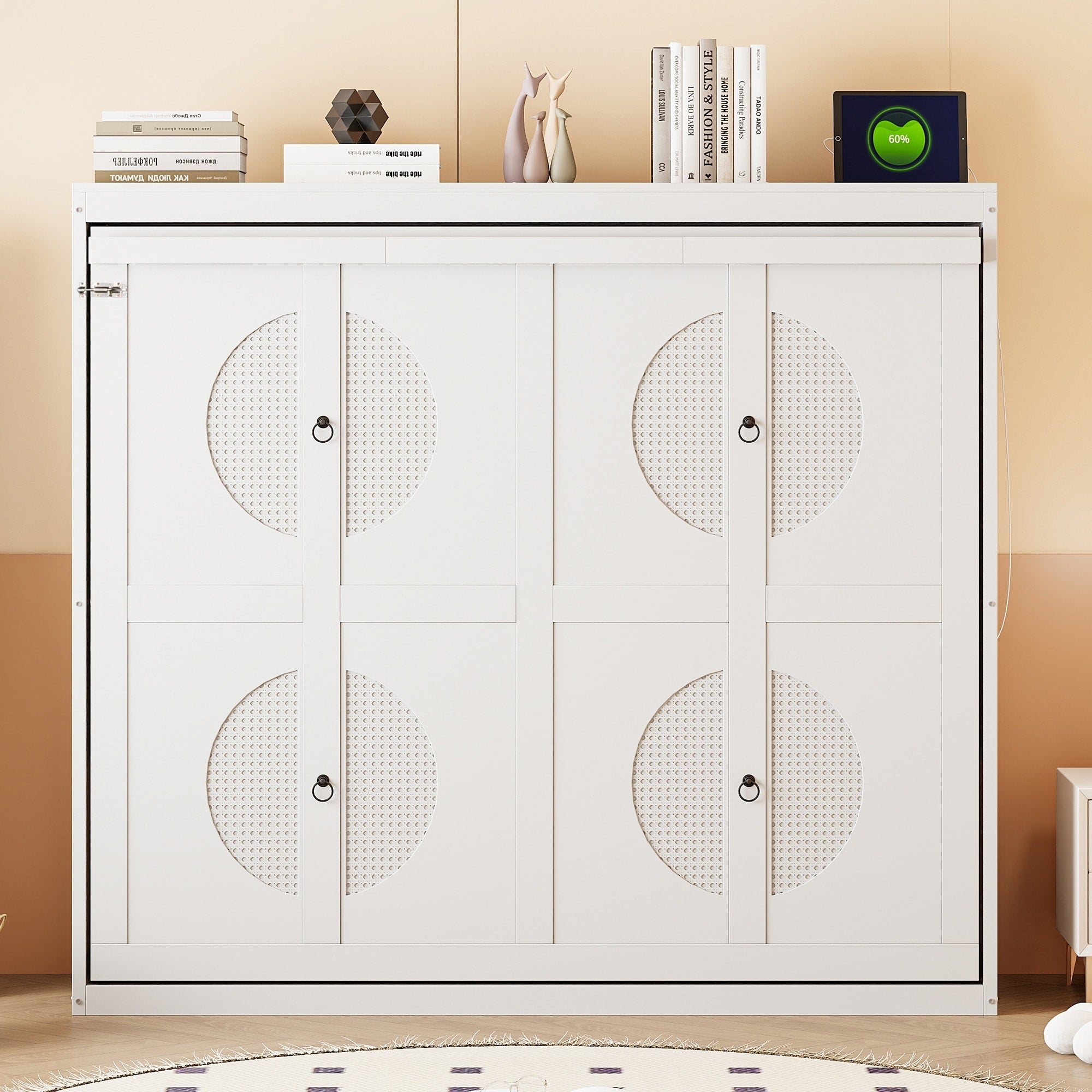 Full Murphy Bed With Foldable Cabinet And Rattan Surface Simple Elegance