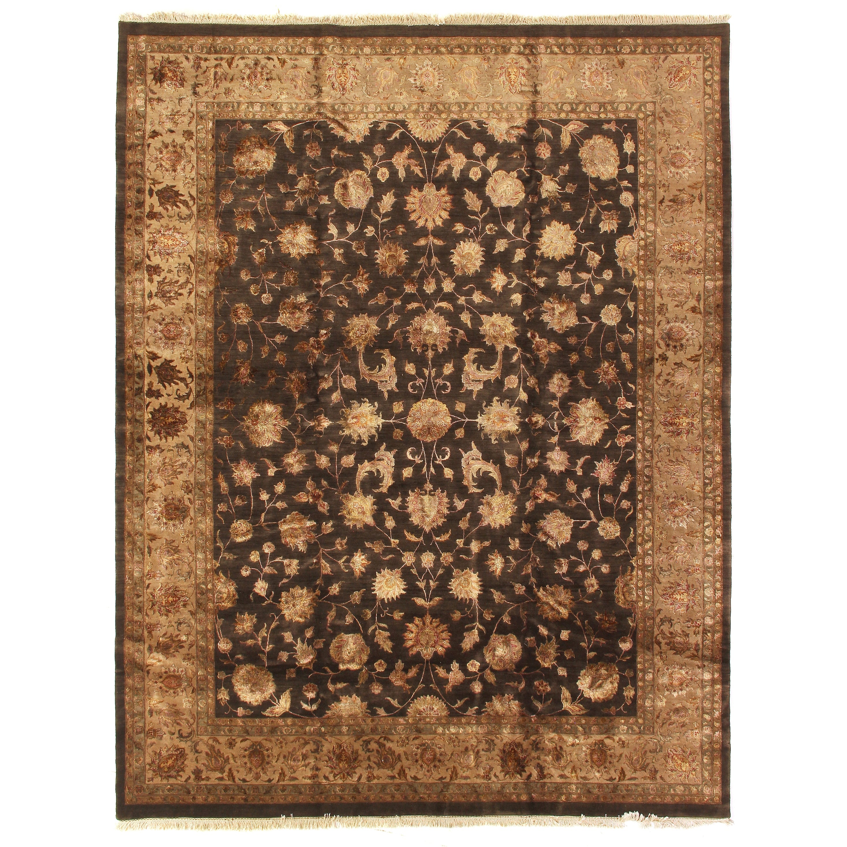 Museum Kashan Hand Knotted Wool Silk Charcoal Beige Area Rug 12 X 15