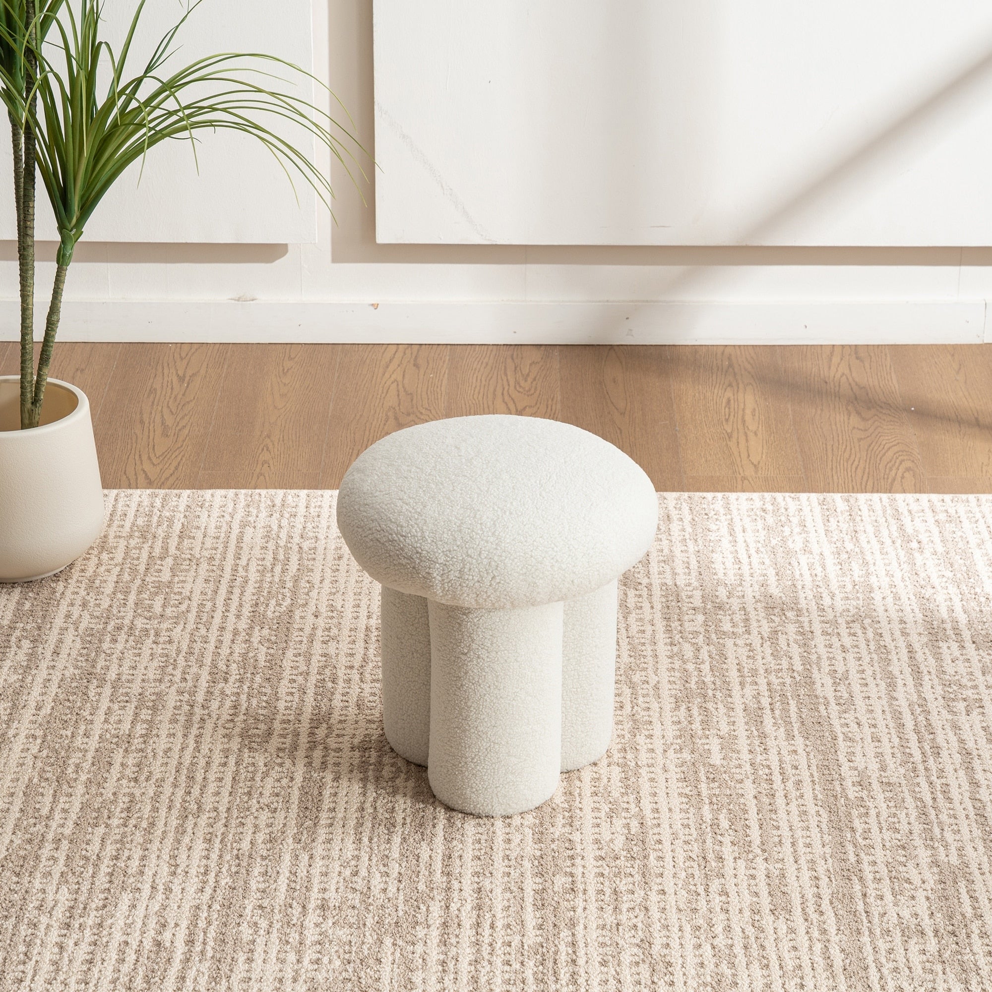 Mushroom Stool Sherpa Upholstered Round Ottoman Modern Foot Stool For Living Room Entryway Bedroom Vanity