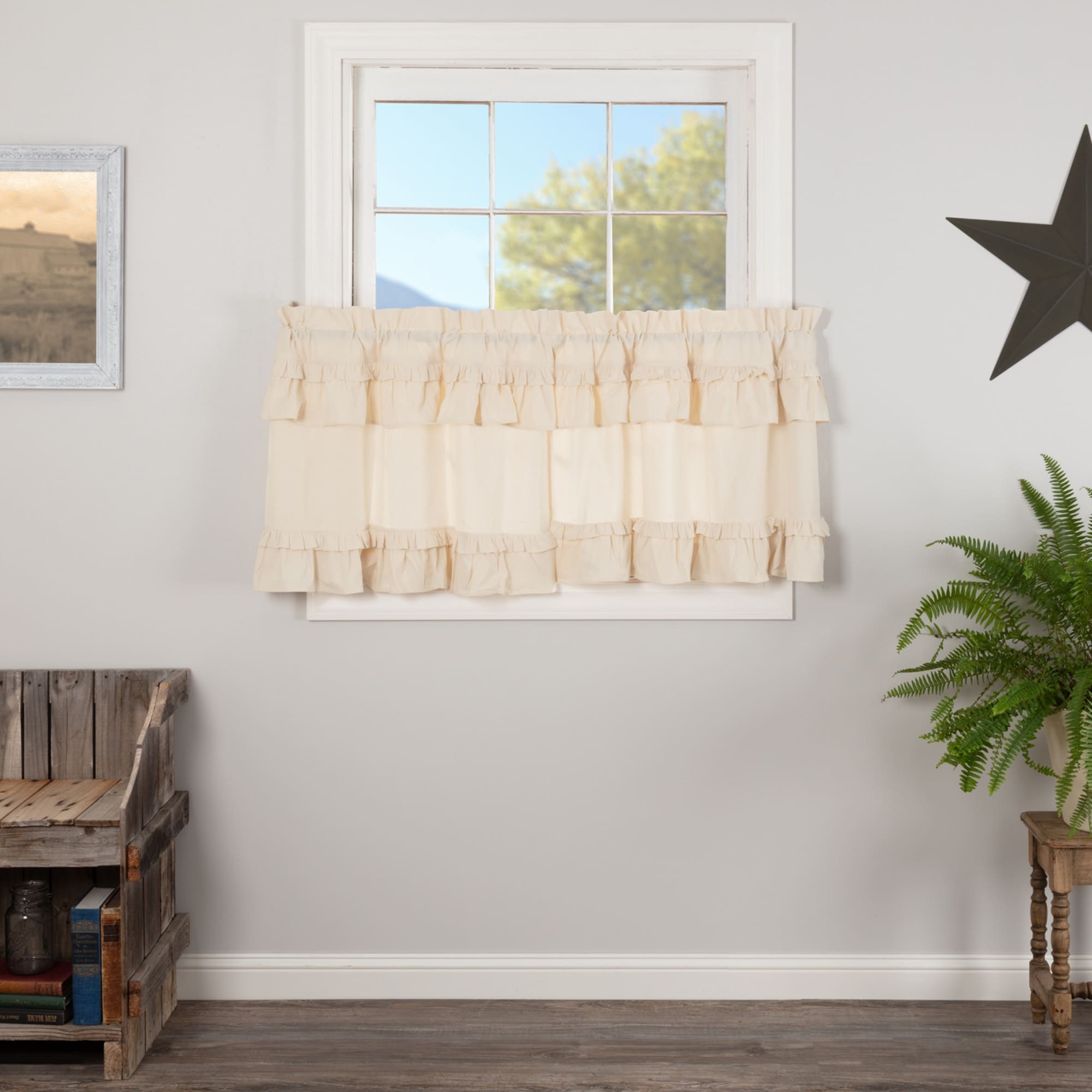 Vhc Brands Farmhouse Kitchen Solid Color Cotton Muslin Ruffled Tier Curtains