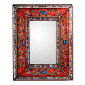 Handmade Red Cajamarca Floral Baroque Multicolor Reverse Painted Glass Gold Accent Rectangular Wall Mirror Peru Orange