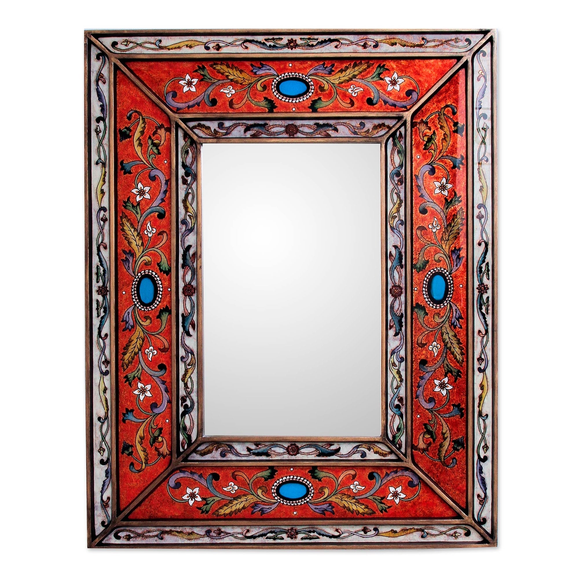 Handmade Red Cajamarca Floral Baroque Multicolor Reverse Painted Glass Gold Accent Rectangular Wall Mirror Peru Orange