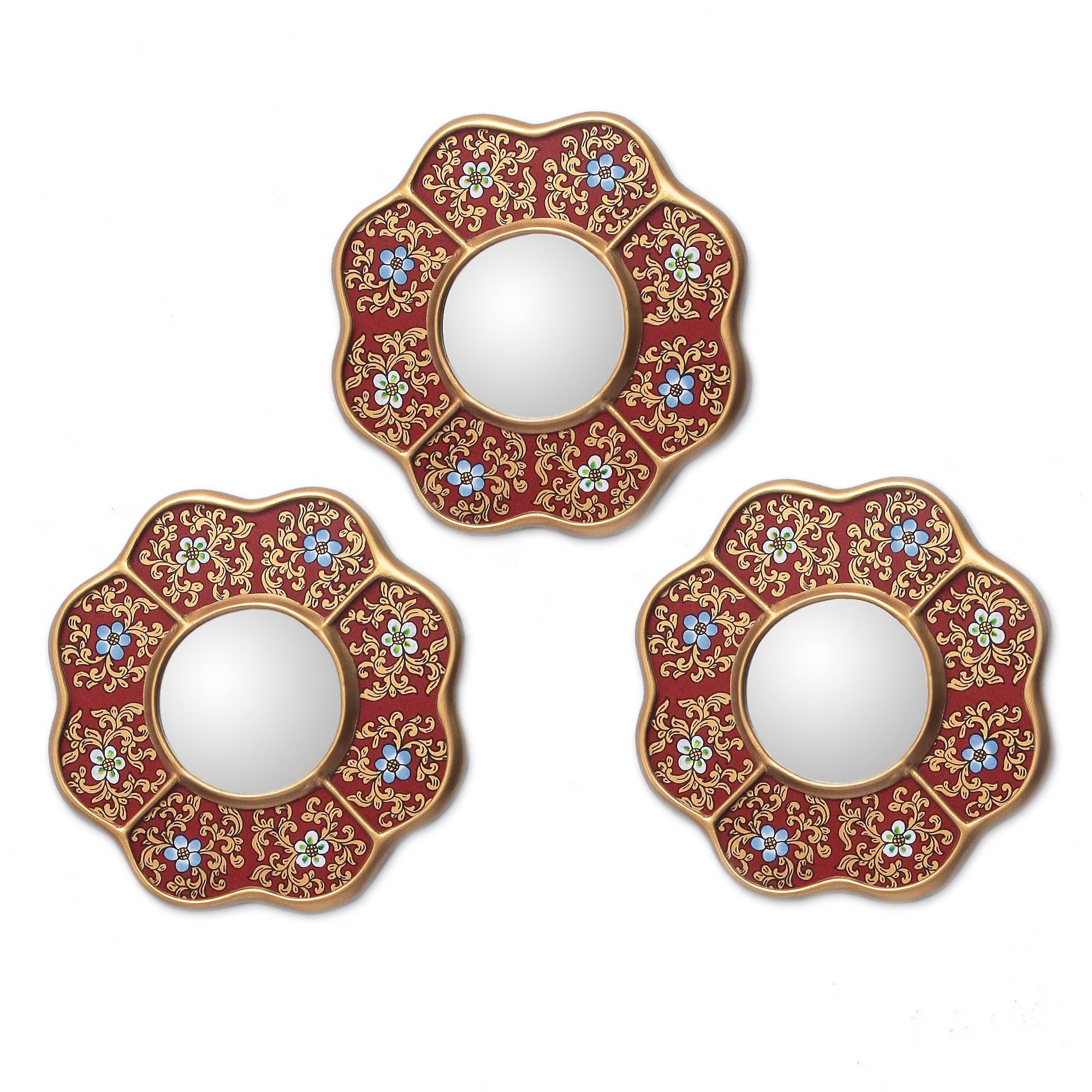 Handmade Spring Set Of 3 Reverse Painted Glass Wall Mirrors Peru Metallic Gold Red