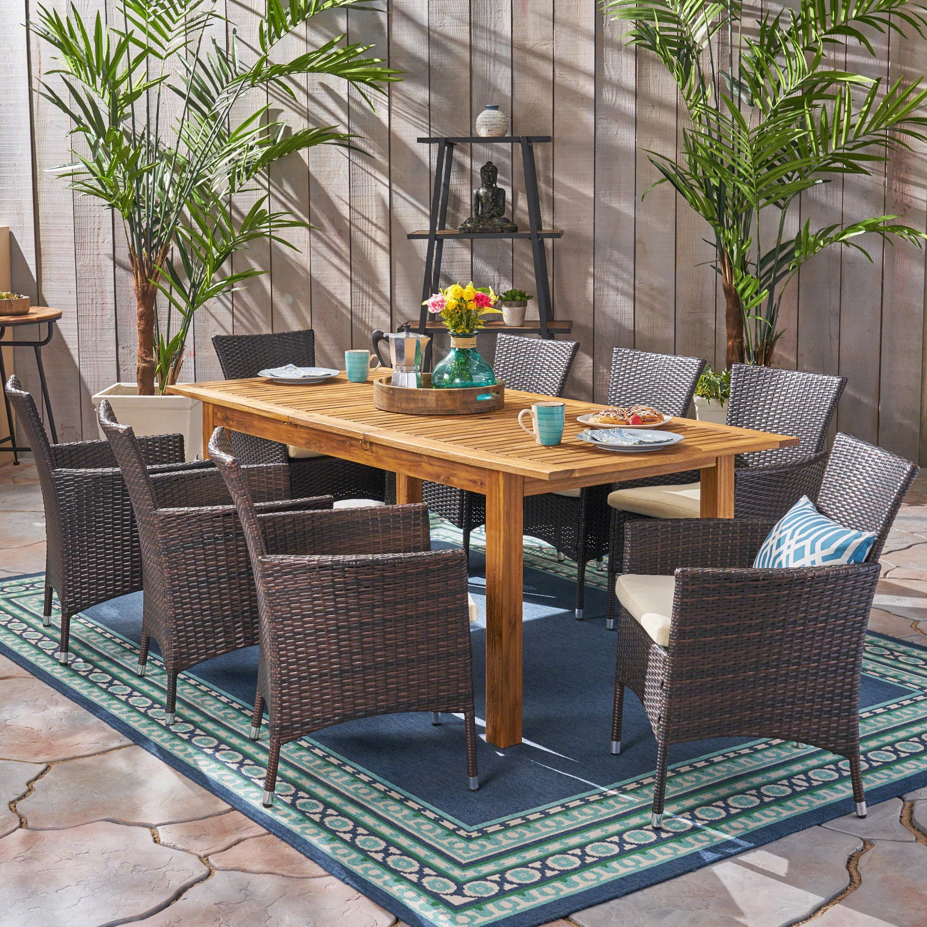 Nadia Outdoor 9 Piece Wood And Wicker Expandable Dining Set By Christopher Knight Home