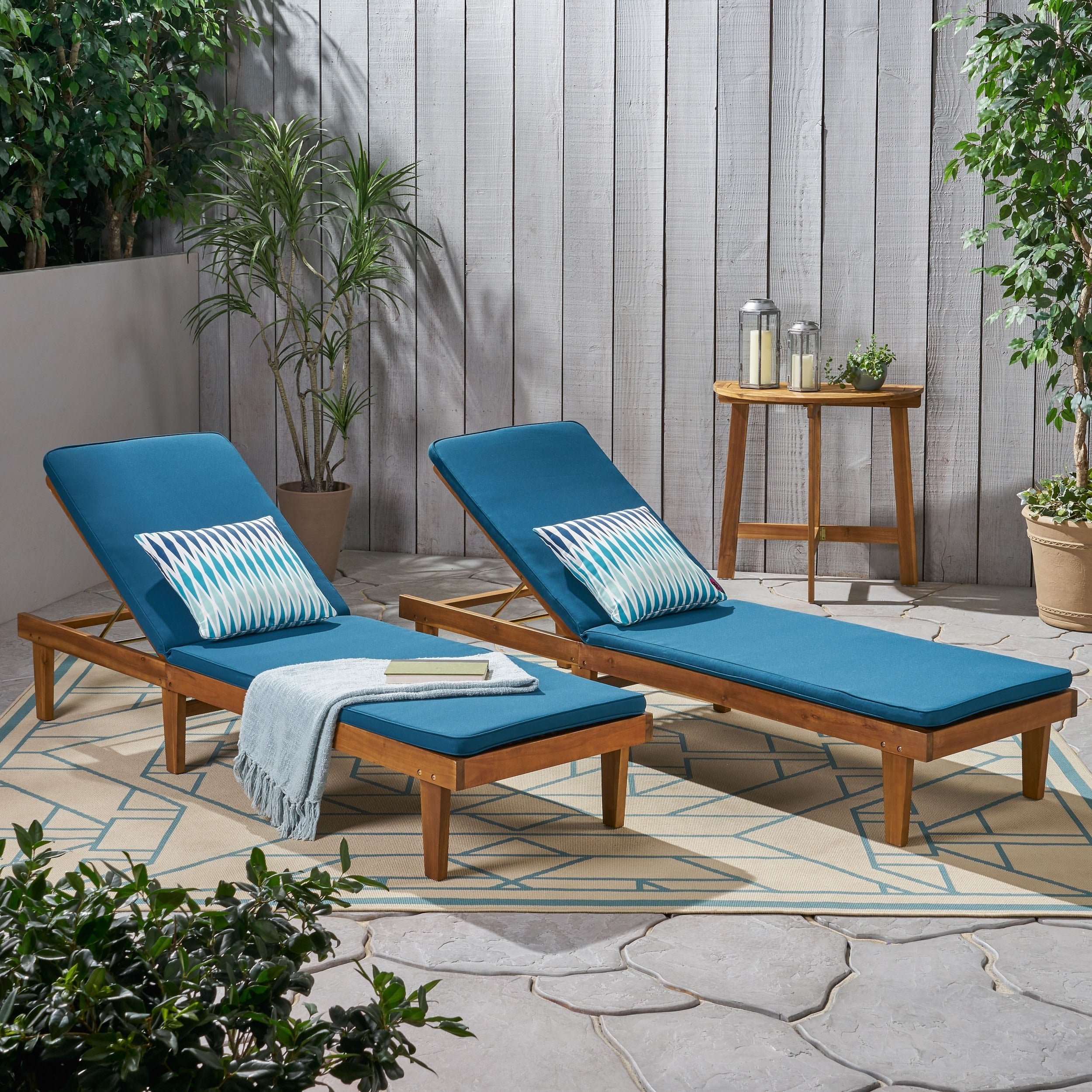 Nadine Oudoor Modern Acacia Wood Chaise Lounge With Cushion Set Of 2 By Christopher Knight Home