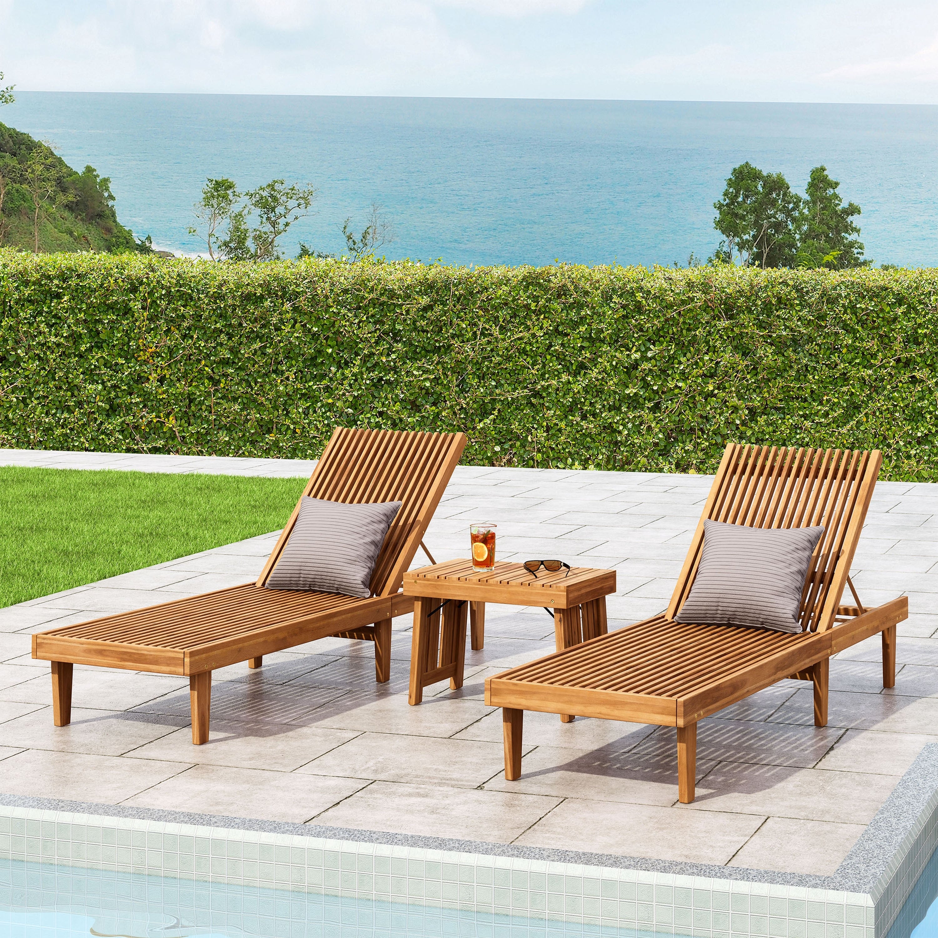 Nadine Outdoor Acacia Wood 3 Piece Chaise Lounge Set By Christopher Knight Home