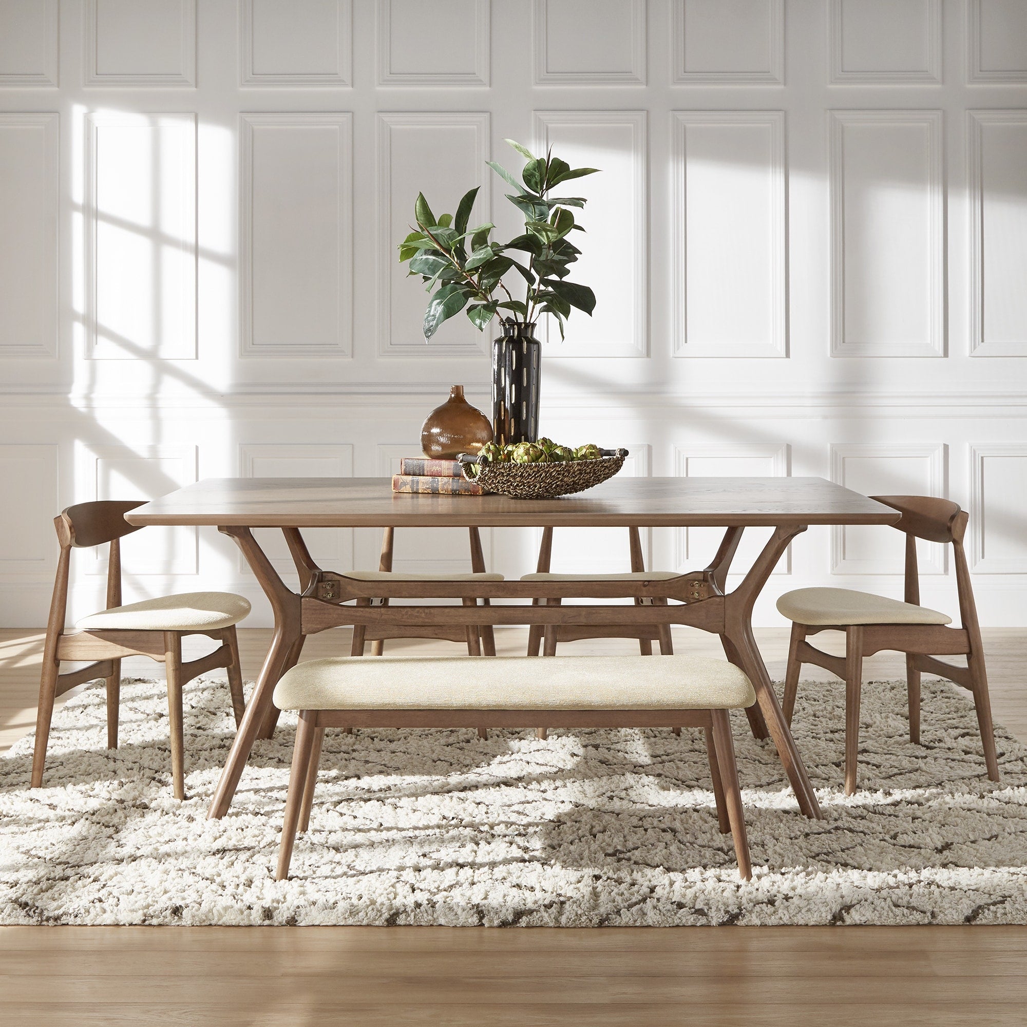 Nadine Walnut Finish Rectangular Dining Set Curved Back Chairs By Inspire Q Modern