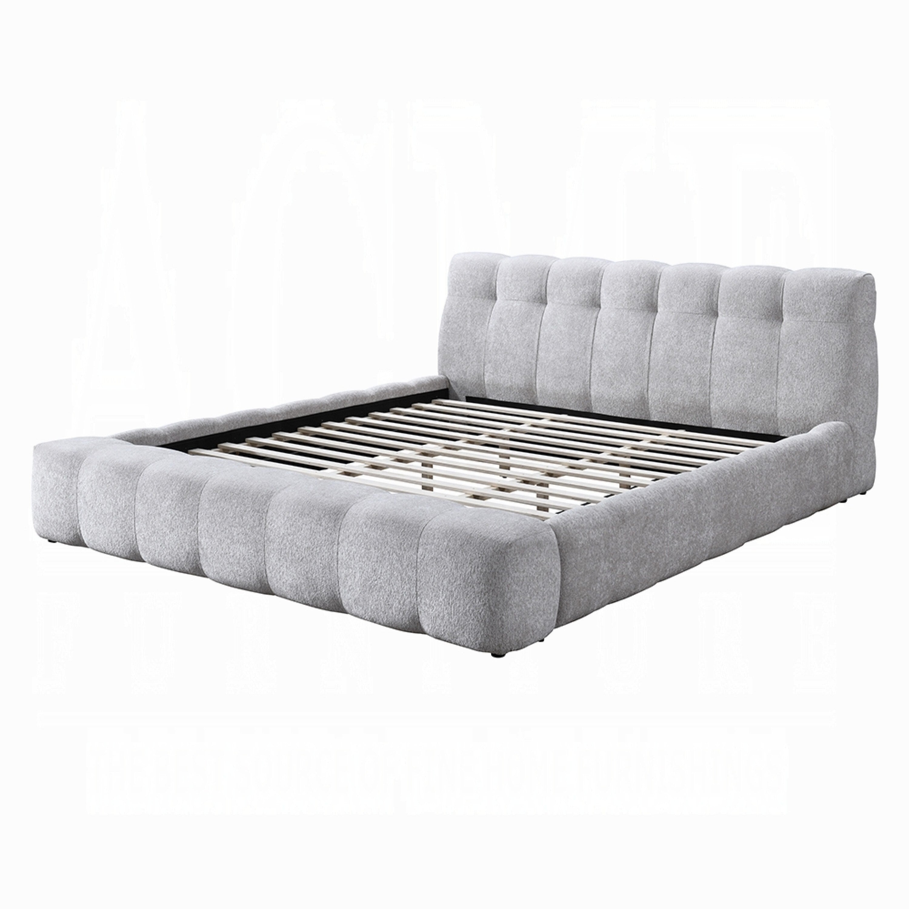 Nah Queen Platform Bed With Bench Grid Tufted Channeled Gray Chenille