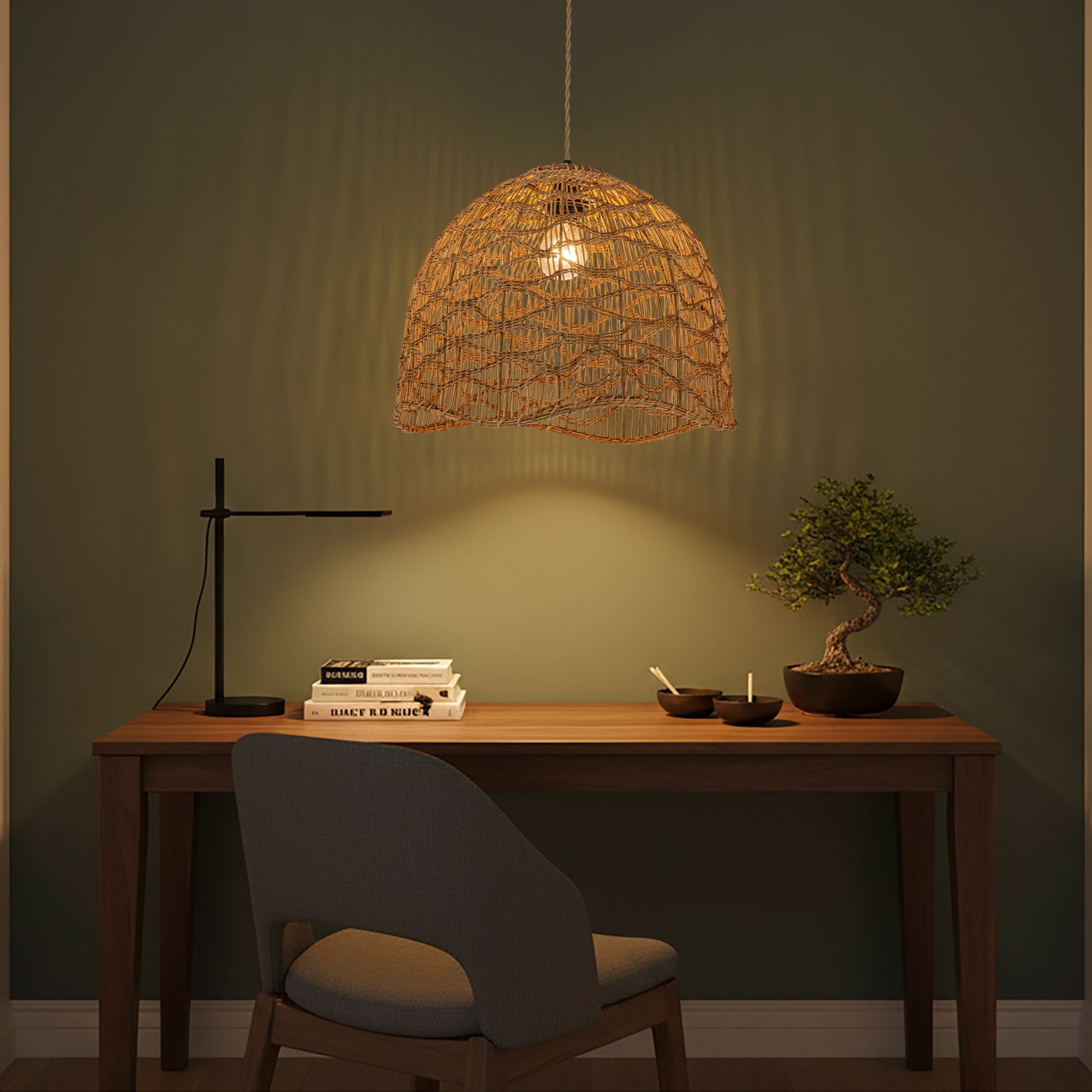 Nami 1 Light Rattan Dome Pendant Japandi Boho Handwoven 16 Wide