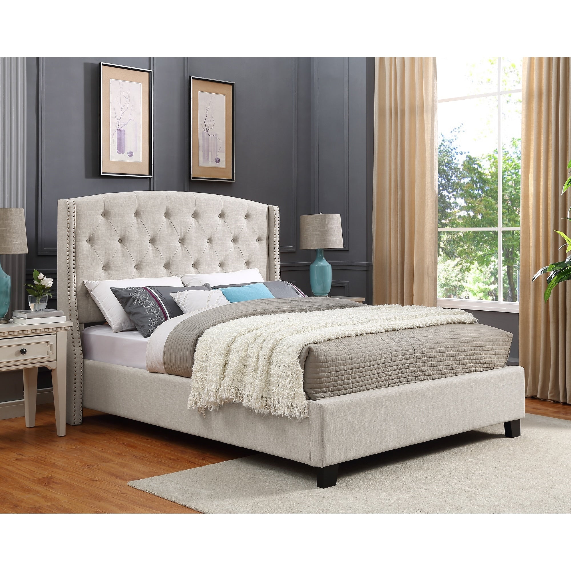Nantarre Fabric Tufted Wingback Upholstered Bed With Nailhead Trim Tan
