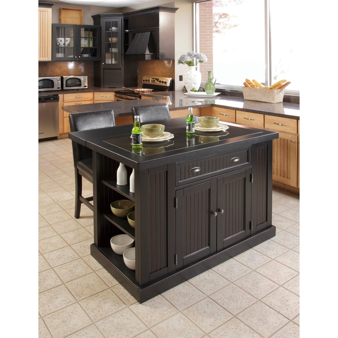 Copper Grove Knautia Distressed Black Wood And Granite Inlay Kitchen Island