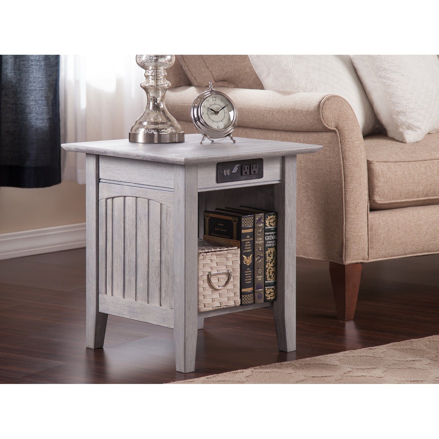 Nantucket End Table With Charger Driftwood Grey