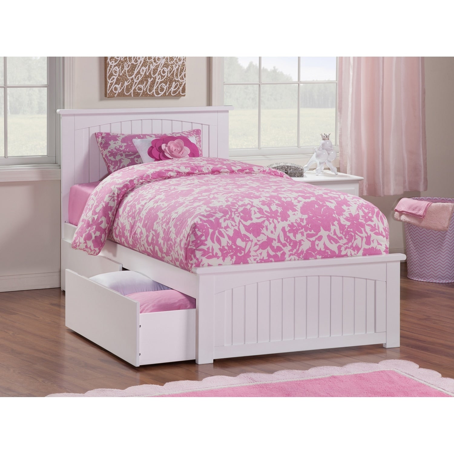 Nantucket Twin Bed With Matching Foot Board With 2 Urban Bed Drawers In White
