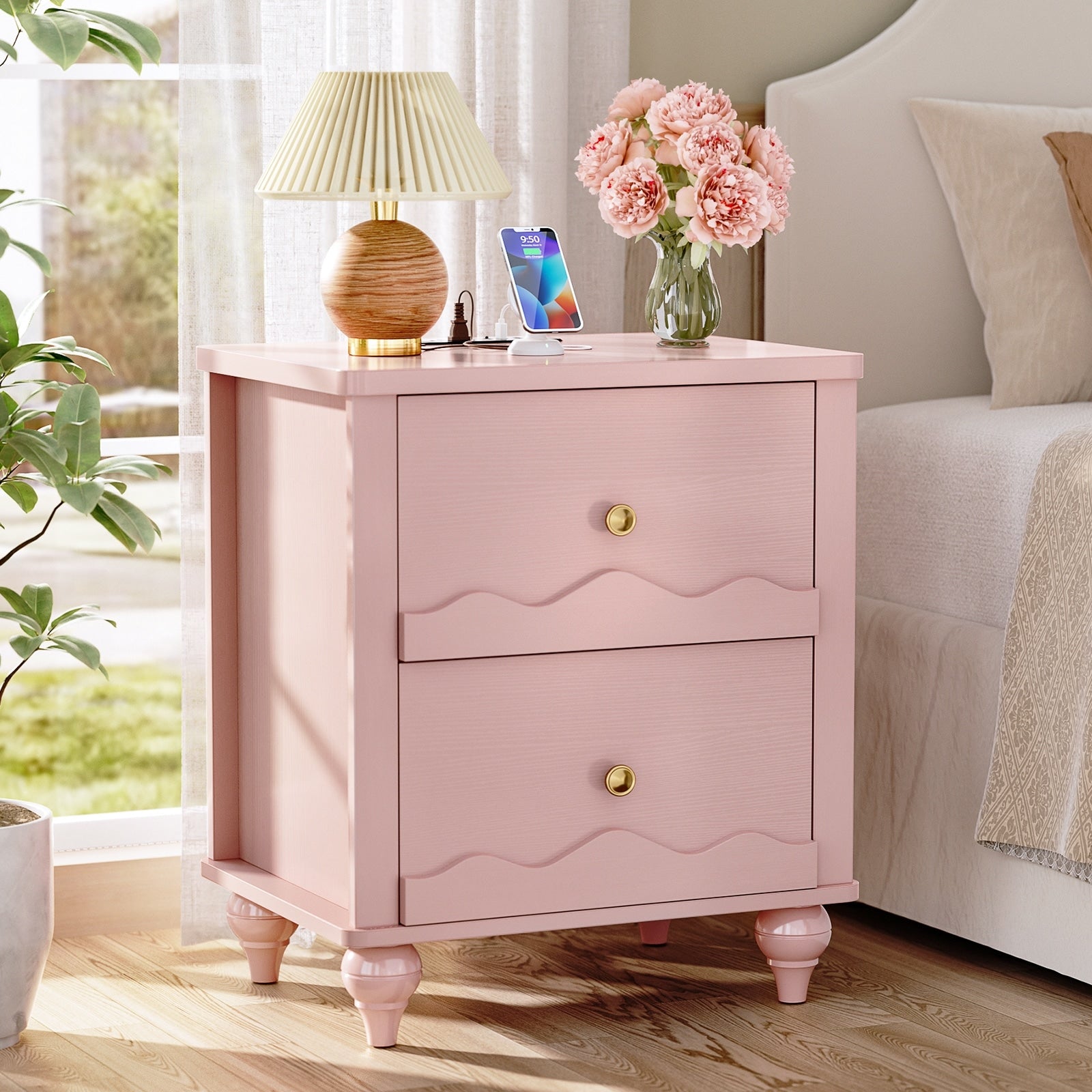 Modern Nightstand With Charging Station Side End Table With 2 Drawers