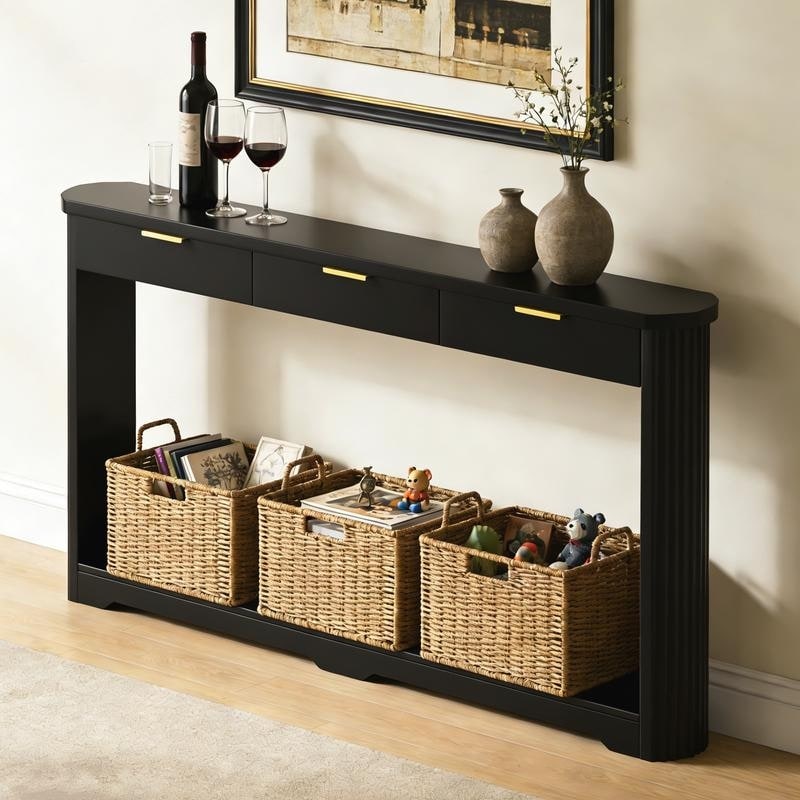 Narrow 70 Wavy Patterned Sofa Table With 3 Drawers For Slim Storage Behind A Sofa In Living Room Decor