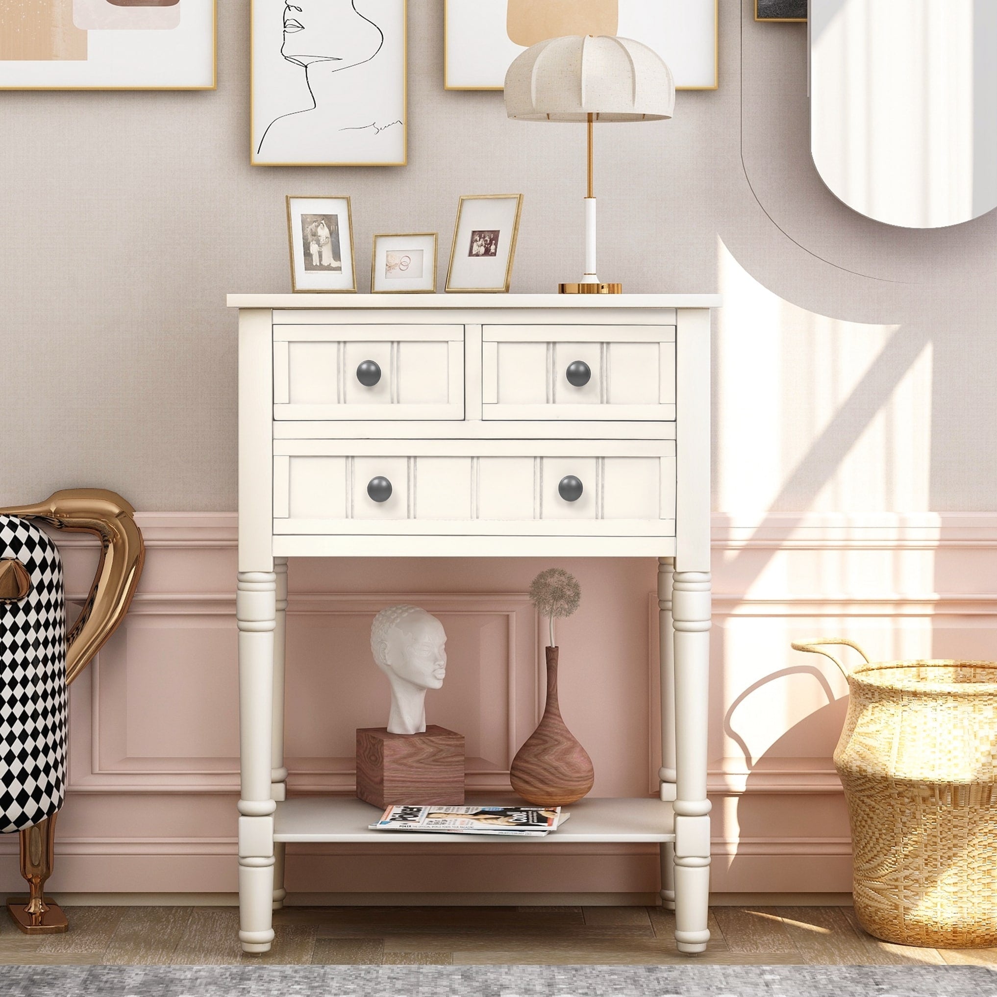 Narrow Console Table Slim Sofa Table With Three Storage Drawers And Bottom Shelf