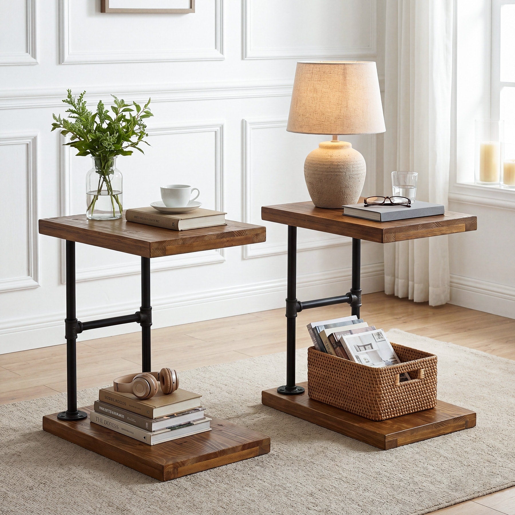 Narrow Solid Wood Nightstand C Shaped Bedside Table