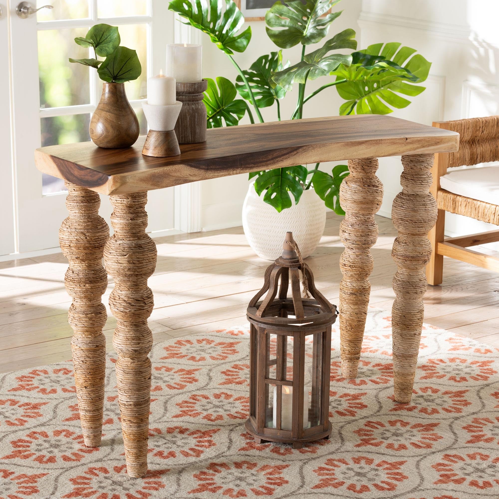 Nasnan Teak Wood Console Table With Seagrass And Bobbin Legs Sculptural Narrow Entryway Table With Hand Wrapped Turned Legs