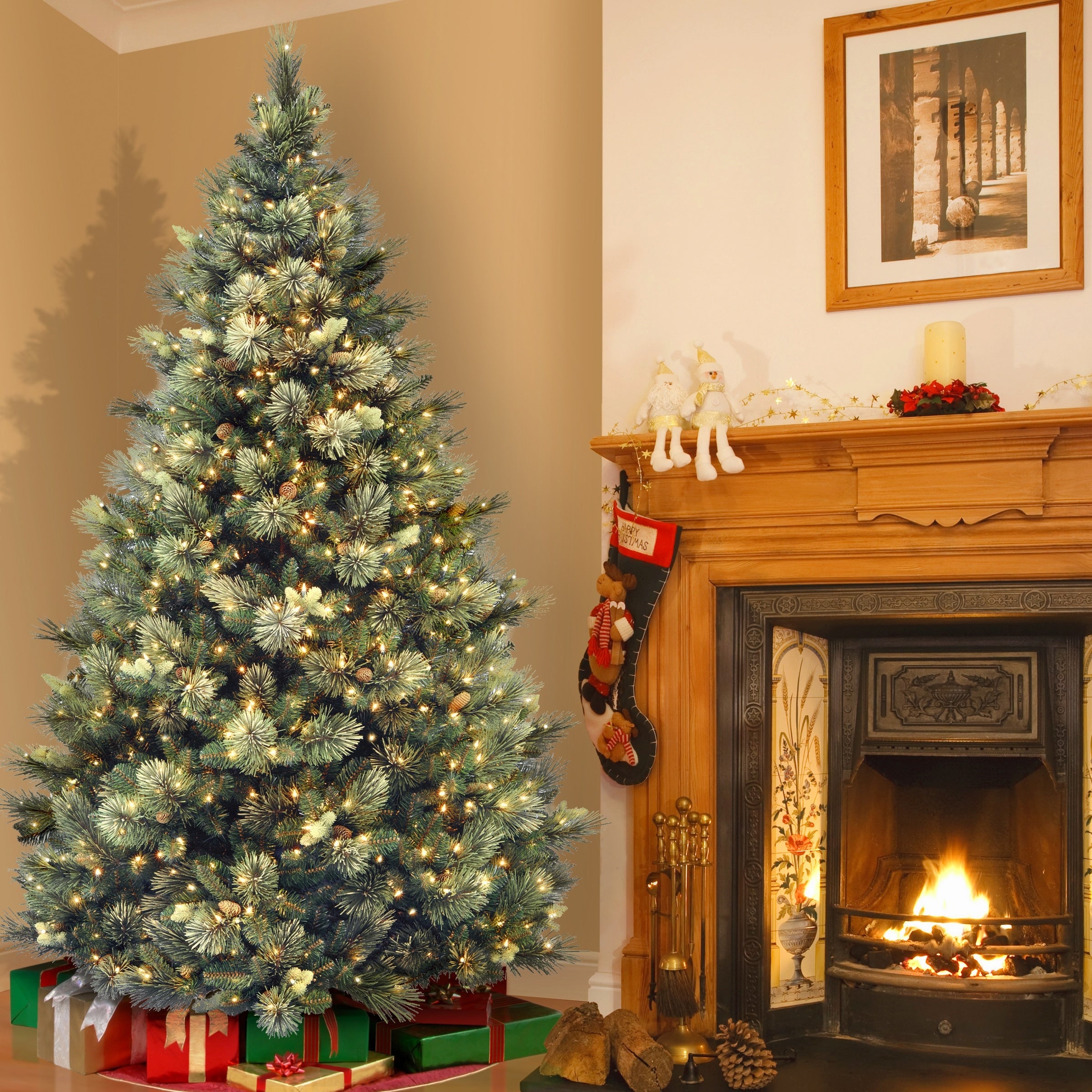 Carolina Pine Bristle Cashmere 7.5 Foot Artificial Tree With 1000 Clear Lights Flocked Pine Cones And Folding Metal Stand