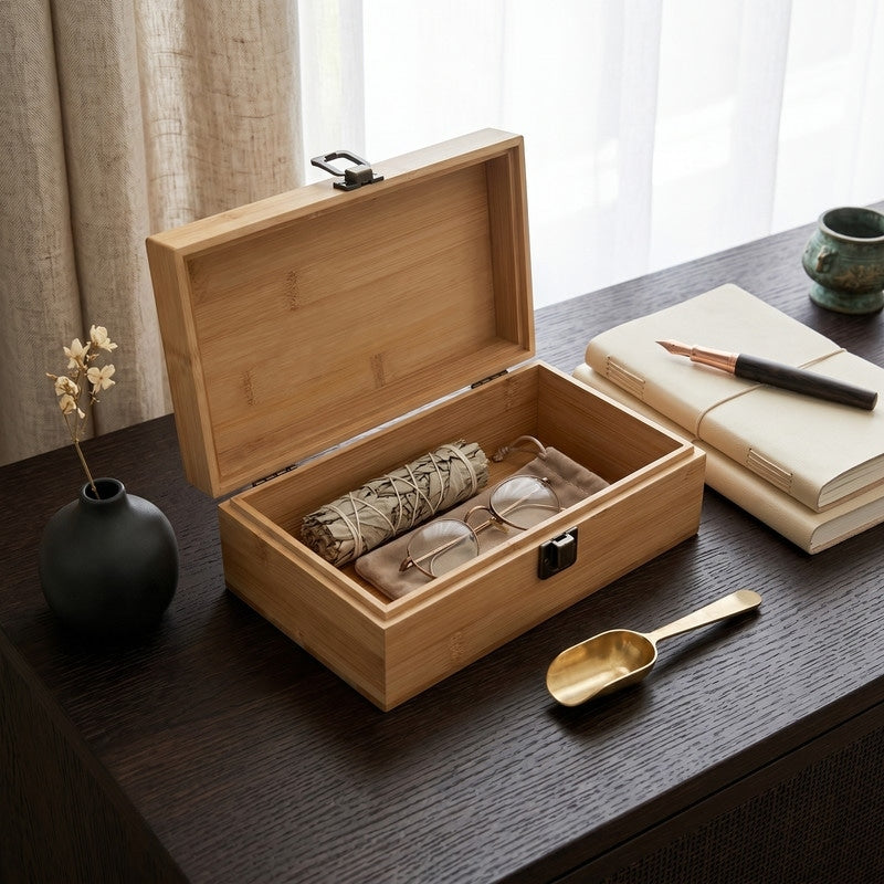 Natural Bamboo Storage Box Decorative Wooden Keepsake Chest With Lid