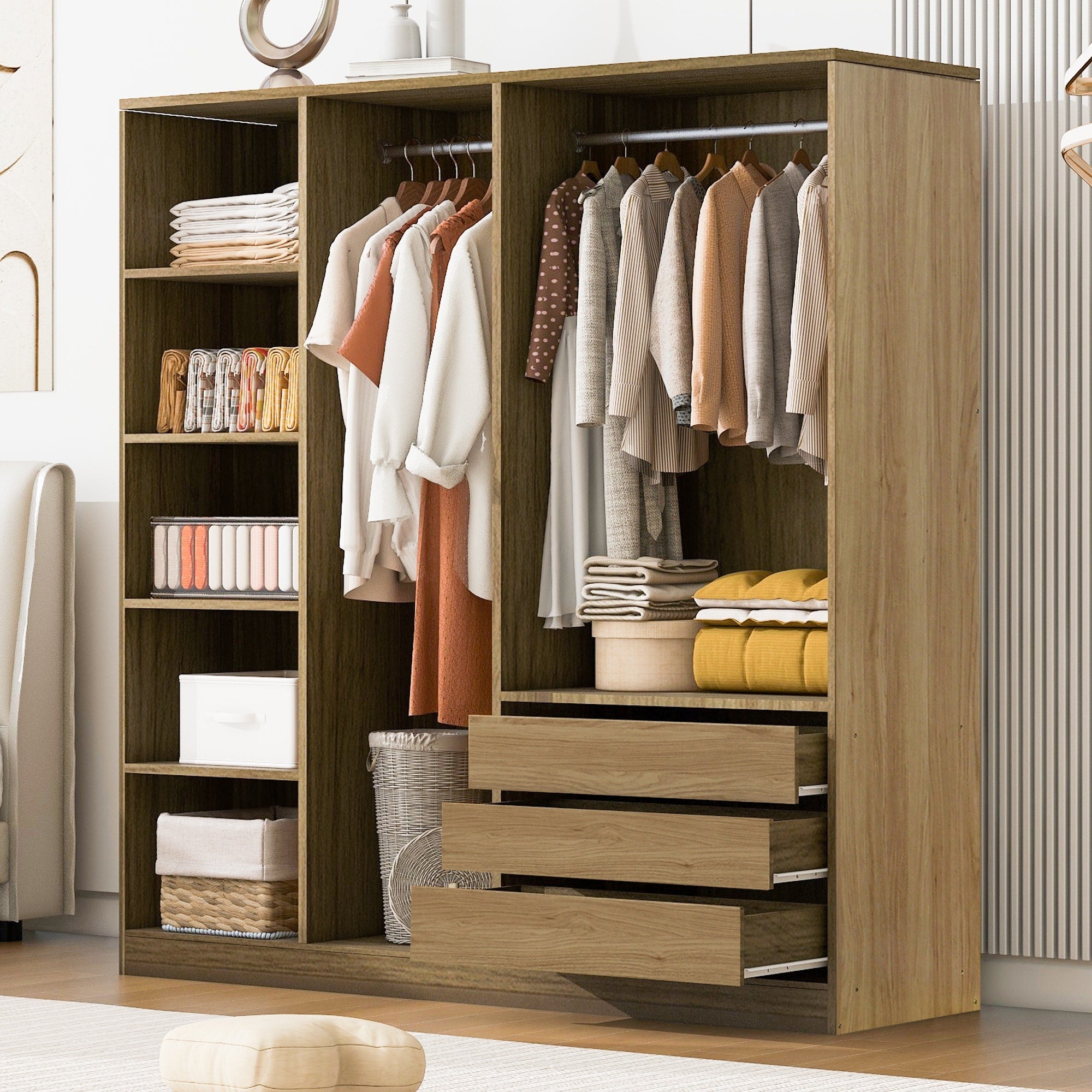 Natural Doorless Wooden Storage Wardrobe With Drawers Clothing Storage Cabinet Organizer With Open Shelves