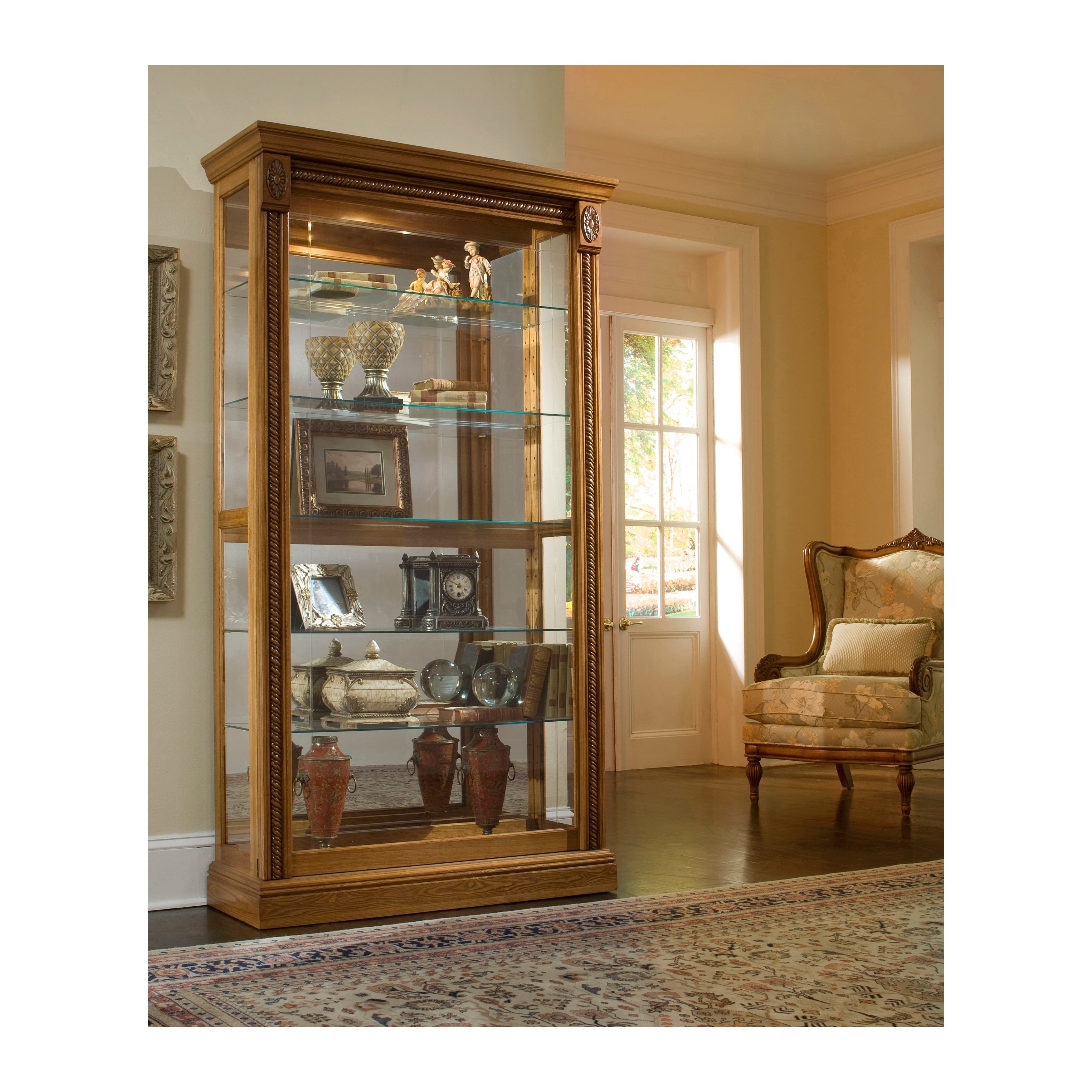 Natural Estate Oak Finish Two Way Sliding Door Curio Cabinet