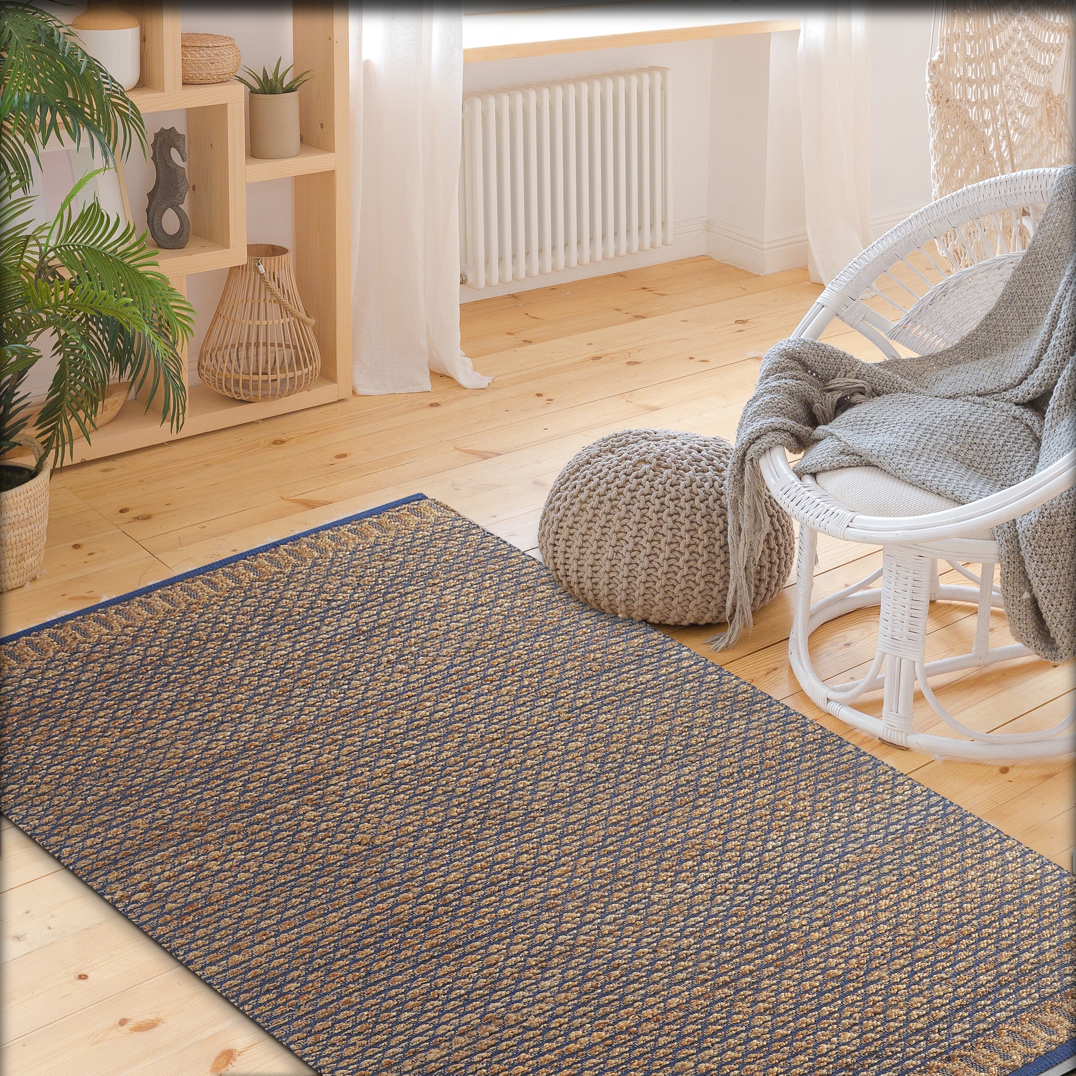 Natural Fiber Hand Woven Detailed Blue Geometric Area Rug