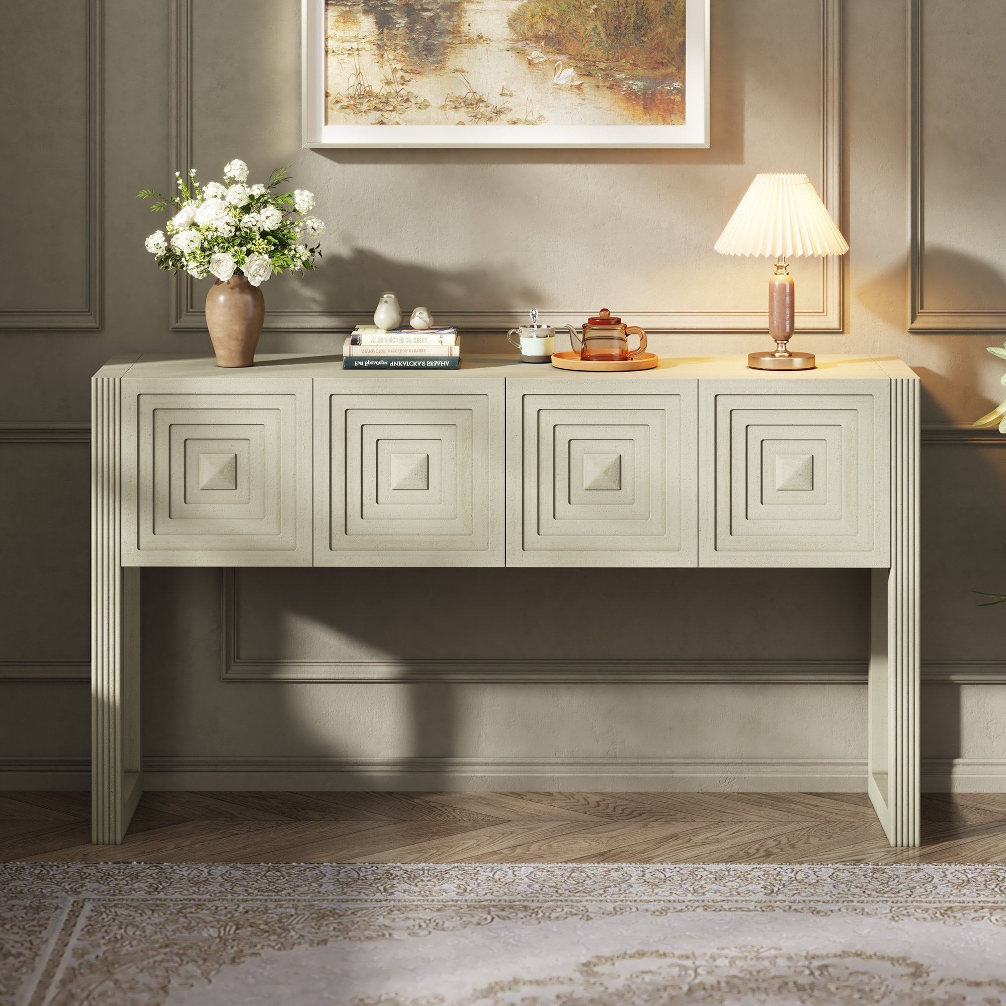 Natural Geometric Carved Console Table Hallway Table With 3 Drawers Entryway Table Sofa Table With Fluted Legs