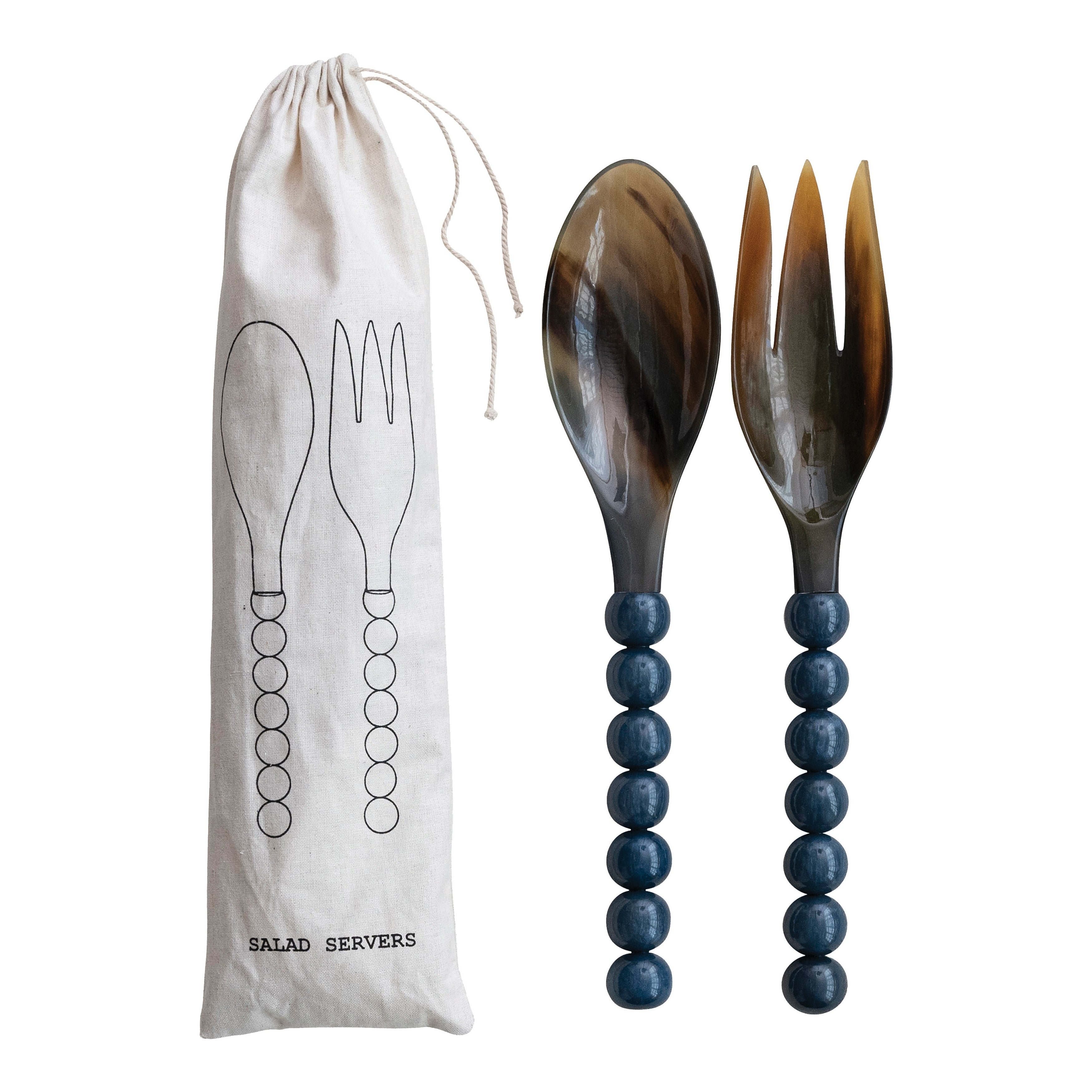 Natural Horn Salad Spoon And Fork Server With Marbled Resin Ball Handles 11.75 L X 2.25 W X 1.0 H