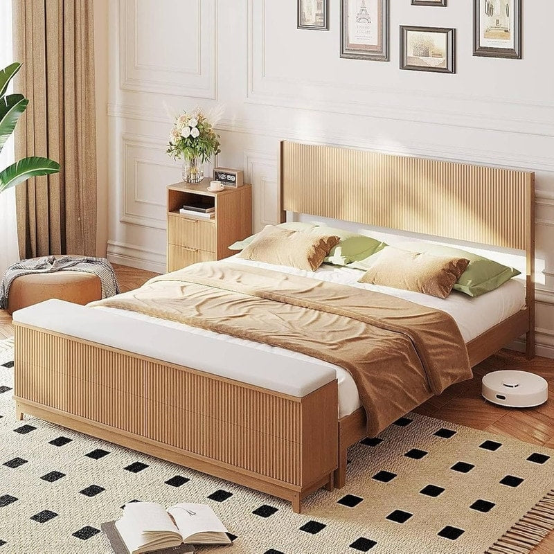 Natural Oak Wood Platform Bed Frame With Built In Footboard Storage Bench 4 Drawers Headboard Heavy Duty No Box Spring Needed