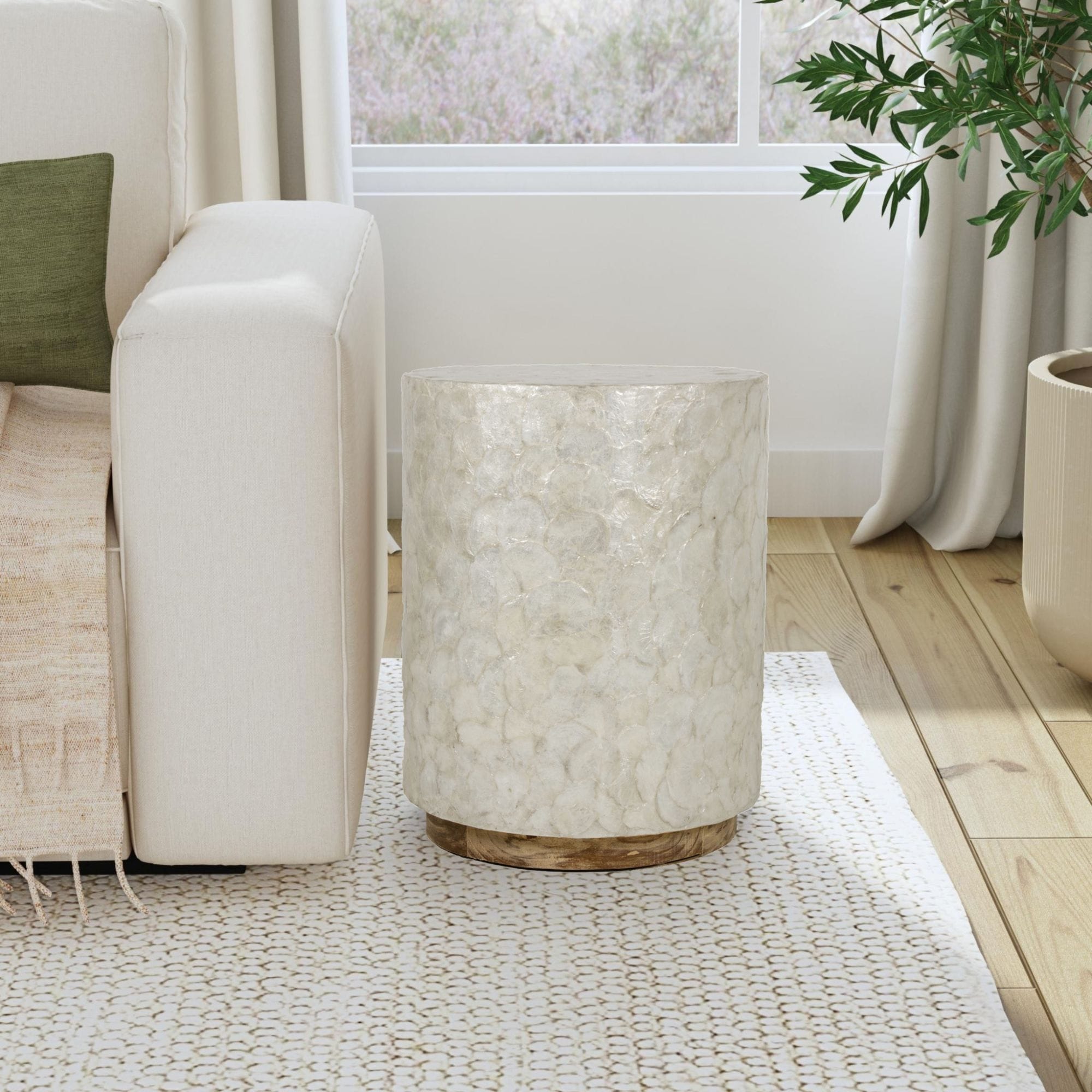 East At Mains Sable Off White Wood And Capiz Round Accent Table
