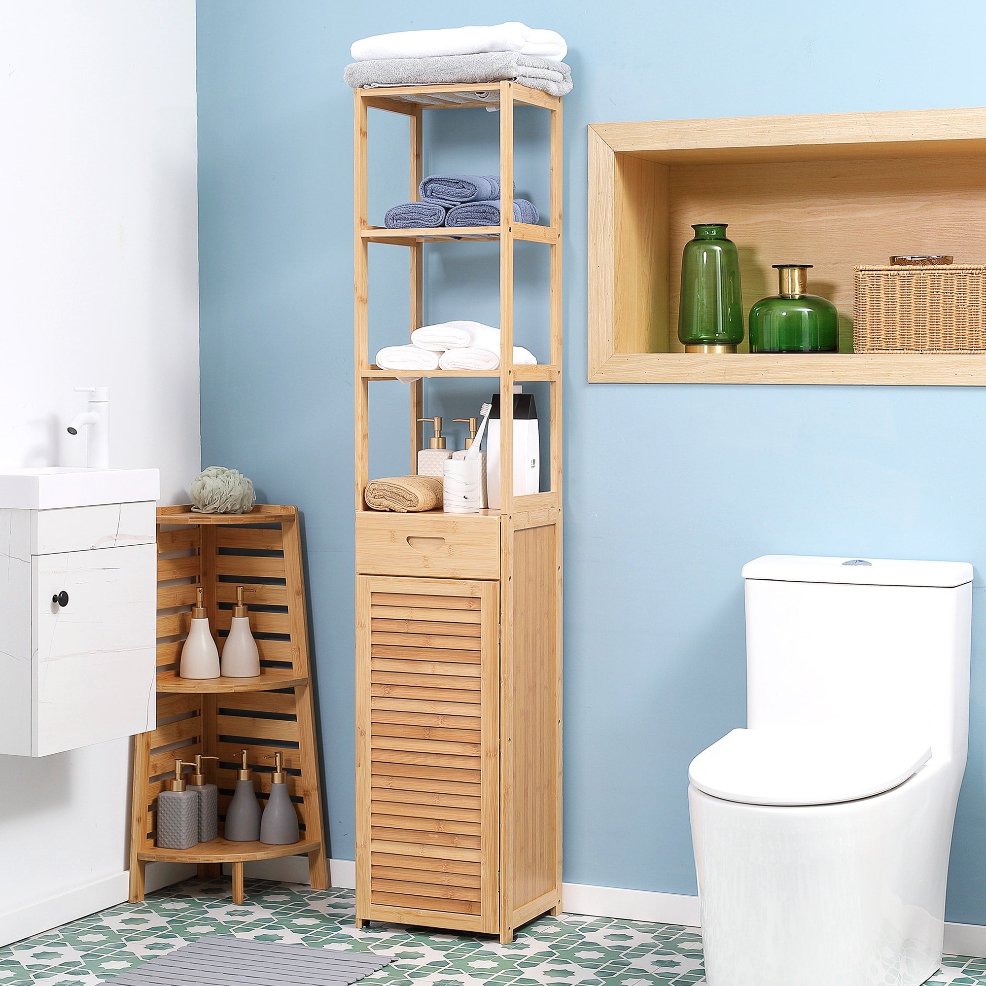Natural Tall Bathroom Cabinet Display Cabinet With Open Shelves Rustic Floor Cabinet With Louvered Door
