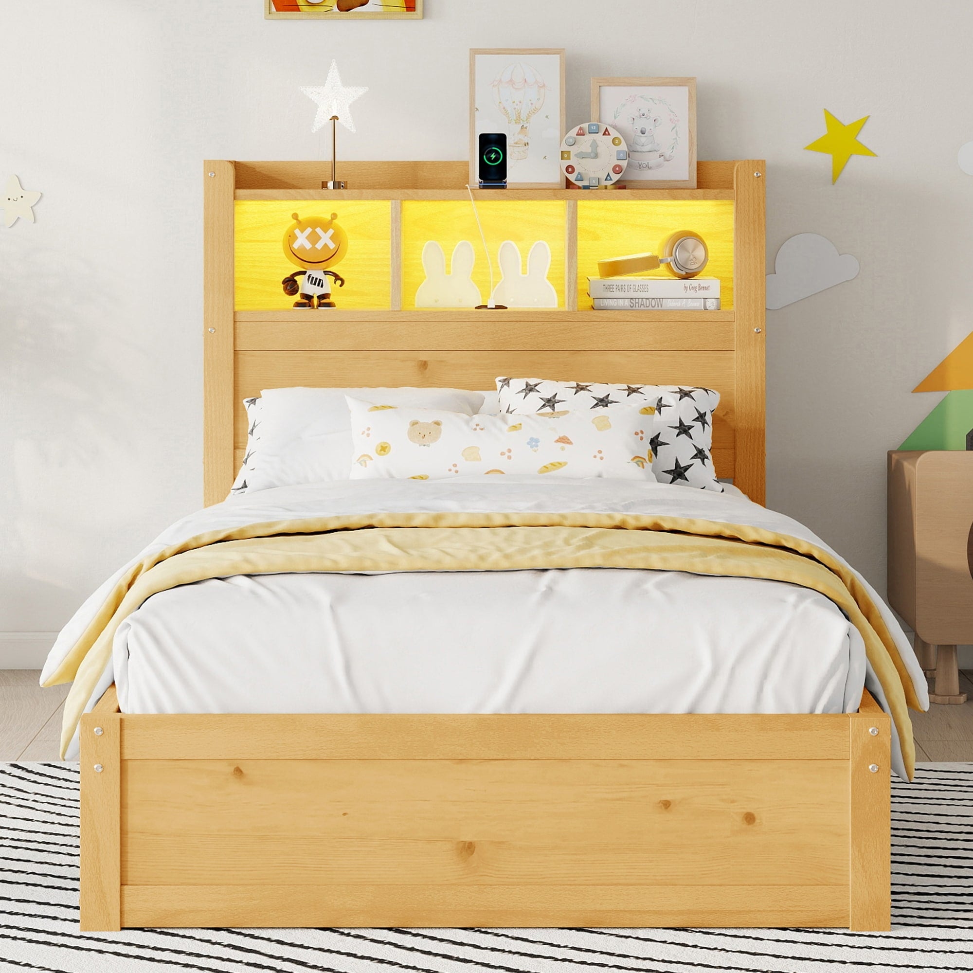 Natural Twin Size Platform Bed Frame With Drawers Storage Headboard