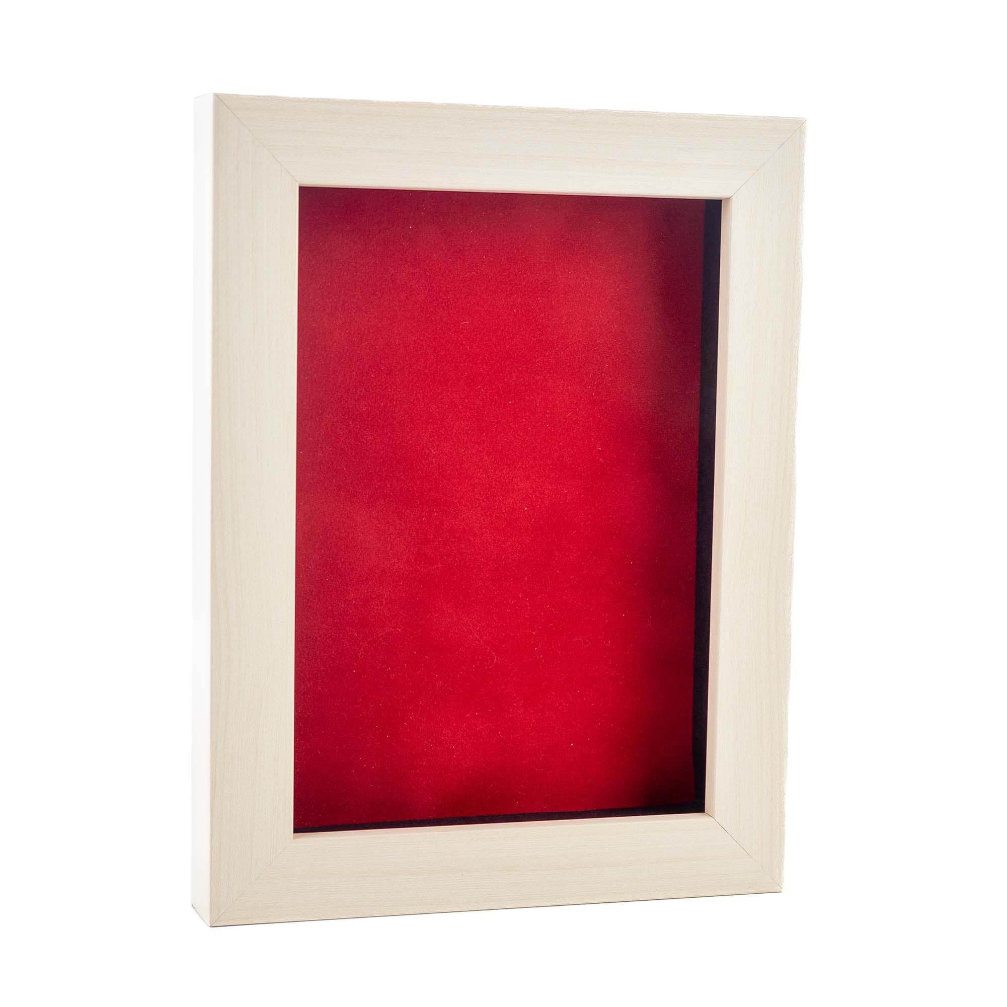 Natural Whitewash Wood Shadow Box Frame With Acrylic Front Red Suede Backing 30 Sizes