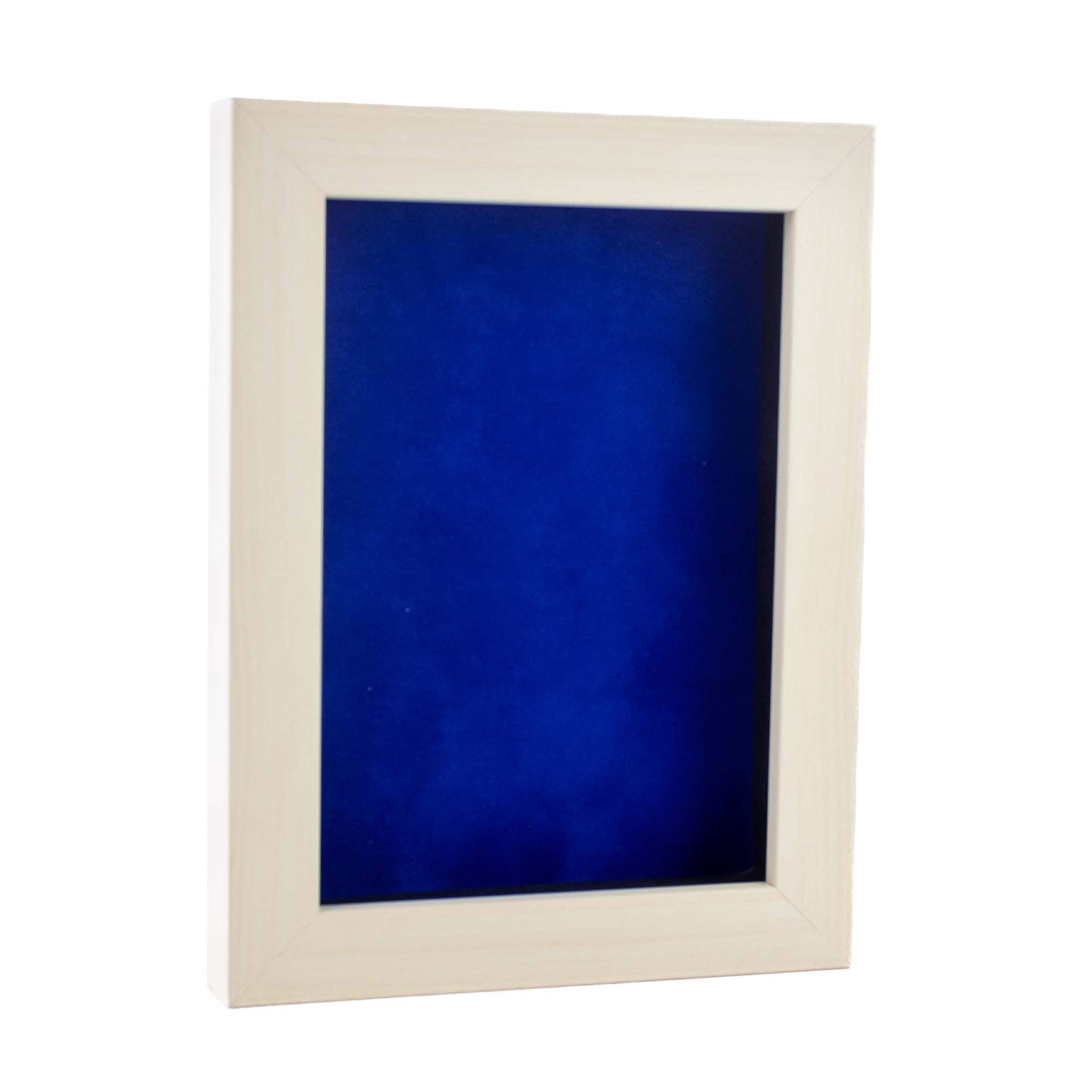 Natural Whitewash Wood Shadow Box Frame With Acrylic Front Royal Blue Suede Backing 30 Sizes